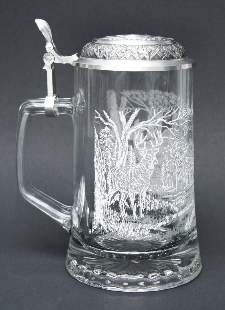 Cornell JAMES MEGER GLASS WHITE TAIL DEER STEIN, Etched German Glass Beer Stein w/ Pewter Lid, Made in Germany