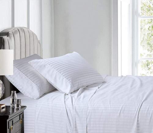 ARlinen Waterbed Sheets Super Single Size 600 Thread Count 100% Cotton 15 Inches -Deep Pockets- Attached Waterbed Sheet Set- 4 Piece - Hotel Luxury Bed - Extra Soft -White Stripe Bed Sheets -Super Single