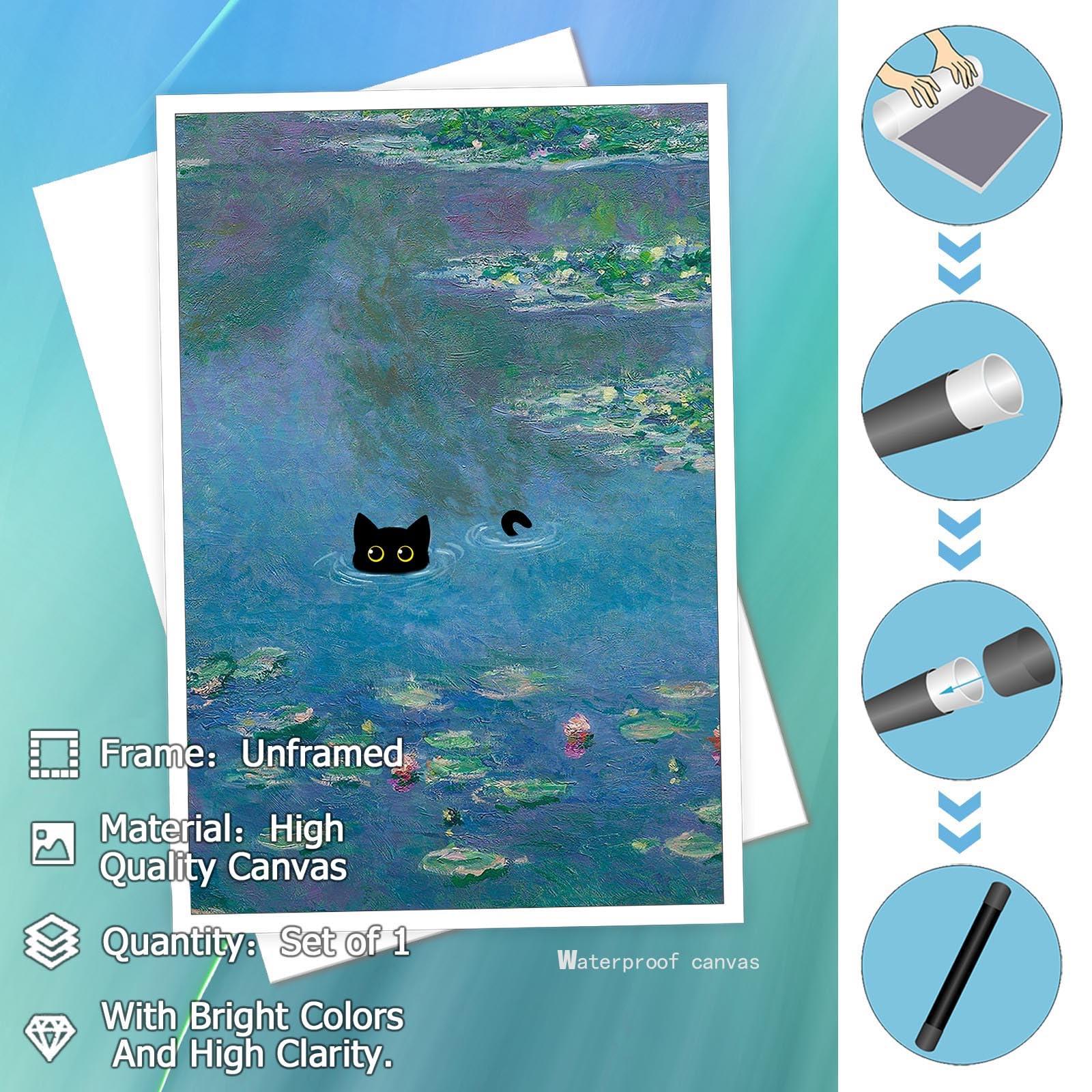 YODOOLTLY YODOOLTLY Retro Canvas Monet Waterlily Cat Print Posters Funny Water Lillies Black Cat Prints Painting Eclectic Cute Preppy Aesthetic Room Decor For Bedroom Bathroom 16x24in Unframed