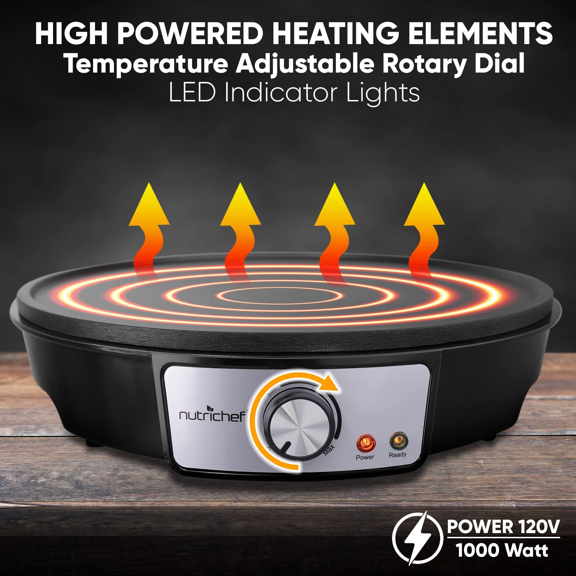 nutrichef Nutrichef Electric Crepe Maker & Griddle Cooktop - Nonstick 12 Inch Aluminum Hot Plate with LED Indicator Lights & Adjustable Temperature Control - Wooden Spatula & Batter Spreader Included