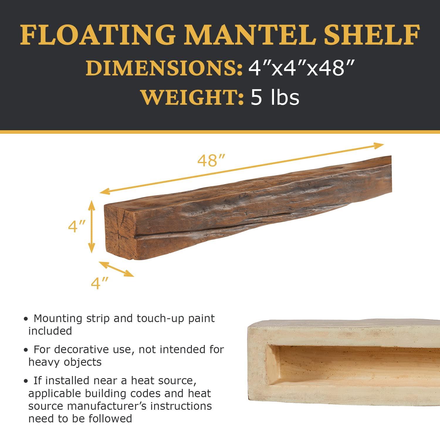 AZ Faux AZ Faux High-Density Polyurethane Faux Fireplace Mantel | Lightweight Rustic Floating Wood Beam with Mounting Strip and Touch-Up Kit | Old English | 48" L x 4" W x 4" H | Burnished