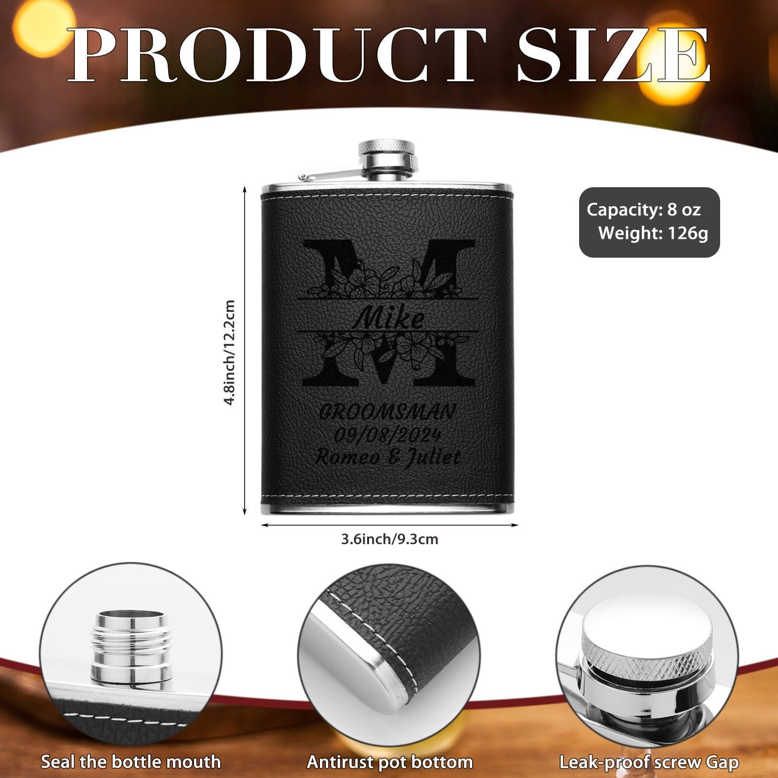 PEGYOU Personalized Leather Flasks for Liquor for Men, Custom Engraved Monogrammed Flask, 8 oz Whiskey Flask Hip Flask, Groomsmen Gifts Christmas Birthday Gifts for Dad Grandpa - Leather, Black