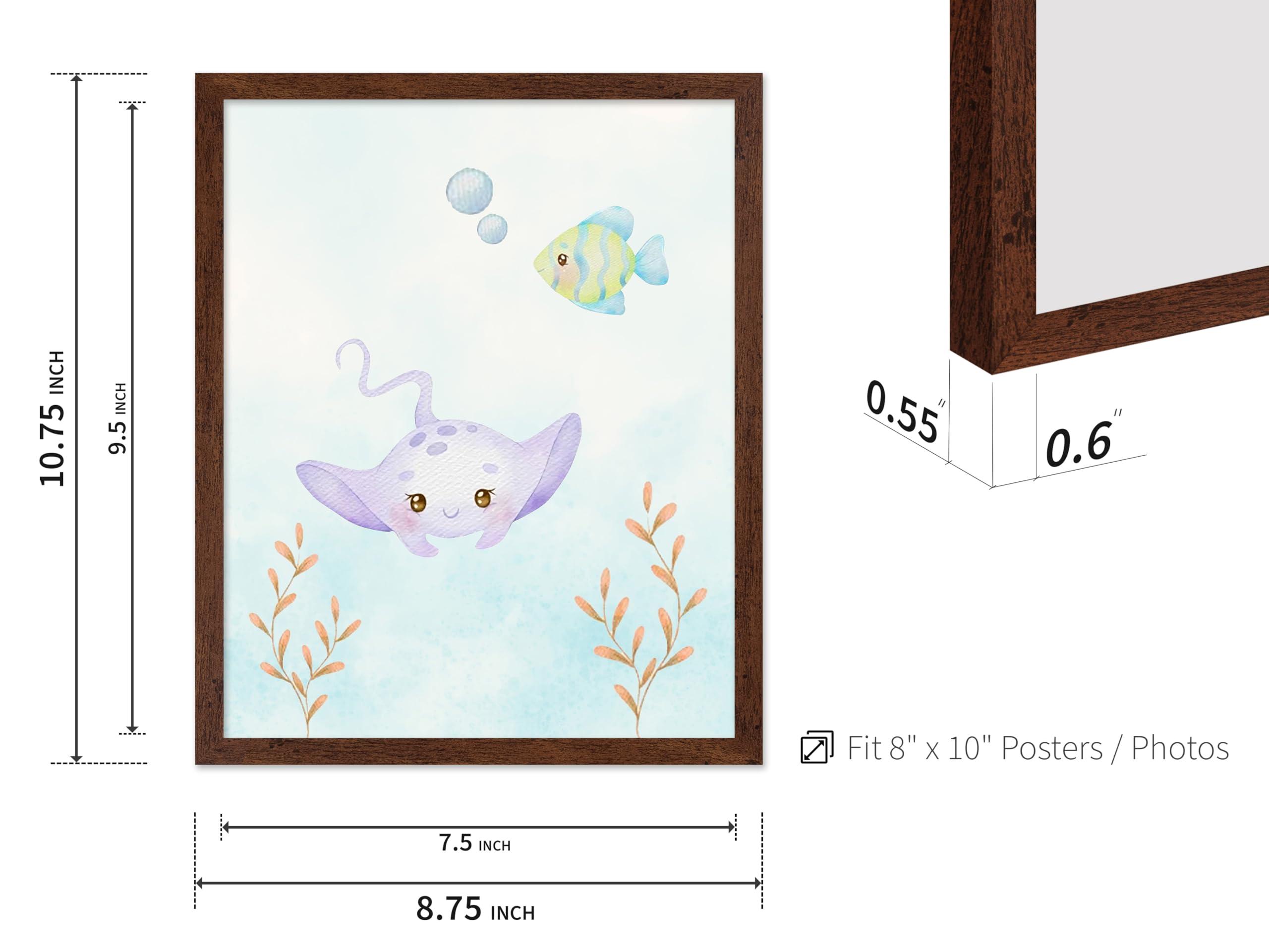 Poster Master Poster Master 6-Piece Sea Animals Poster - Aquatic Print - Pastel Color Art - Marine Life Art - Gift for Boys, Girls & Parents - Decor for Playroom, Kid\'s Room or Nursery, 8x10 Brown Framed