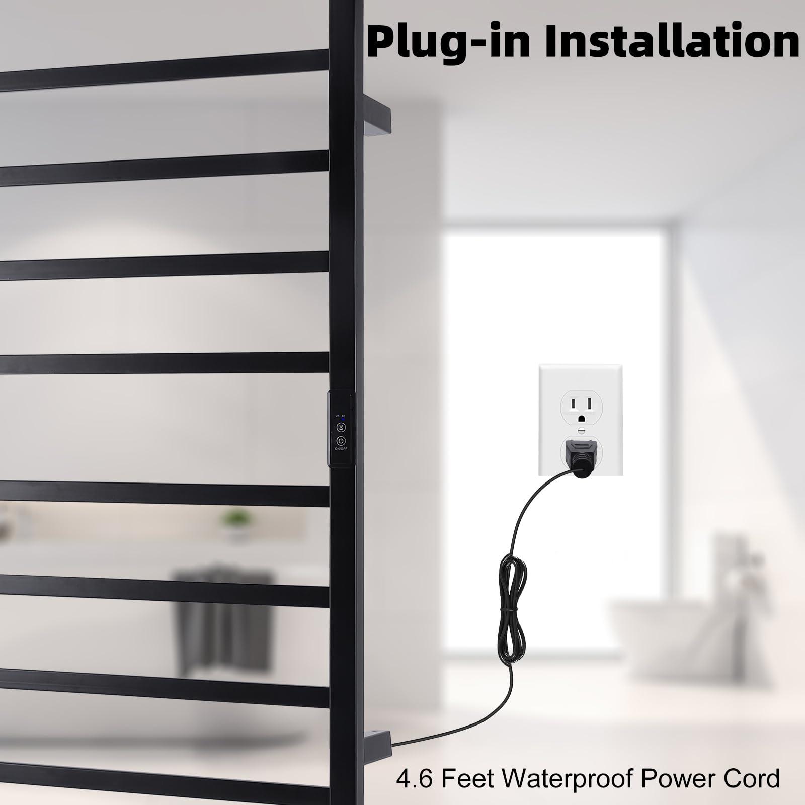 Nopwer Towel Warmer Heated Towel Bar-Rack - Nopwer Bathroom Wall Mounted Electric Towel Drying Plug-in Matte Black 8 Bars