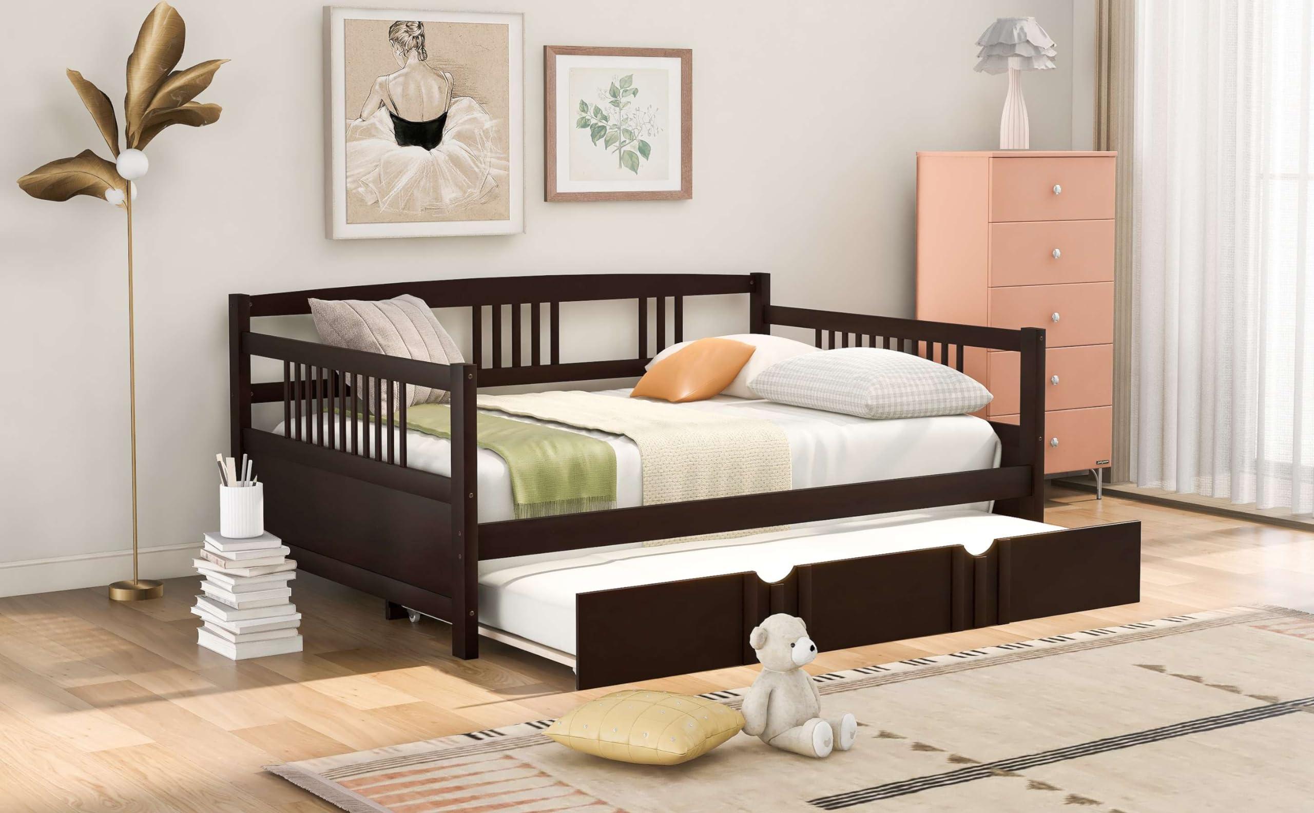 bedframe Full Size Daybed with Twin Size Trundle - Espresso Finish, Solid Wood Bed Frame, Space-Saving Design for Comfortable and Versatile Sleeping Options