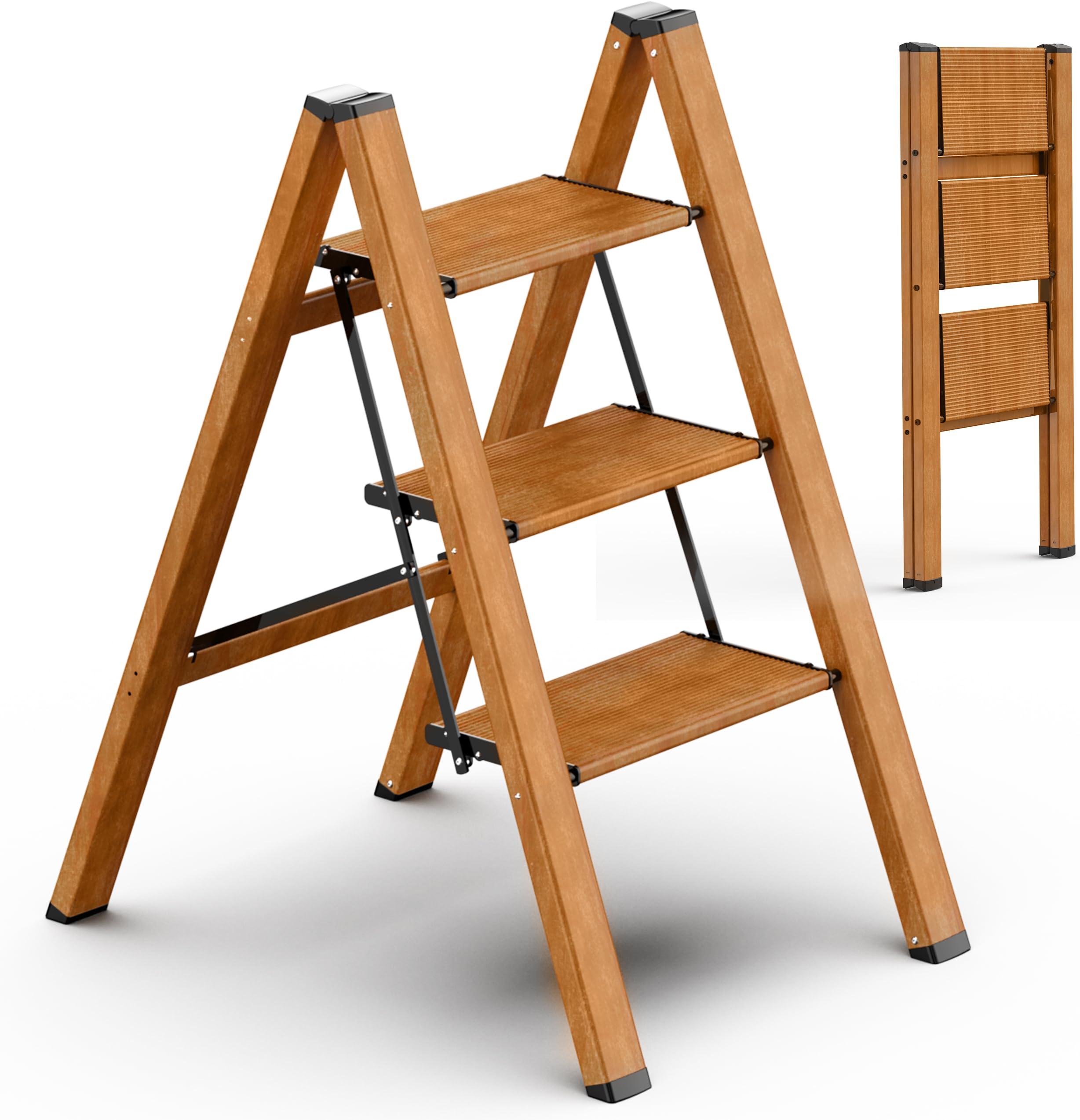 Soladder SOLADDER 3 Step Ladder, Folding Step Stool with Anti-Slip Wide Sturdy Pedal and Handgrip, Multi-Use for Home and Kitchen Use, Space Saving-Woodgrain(300 lbs Capacity)