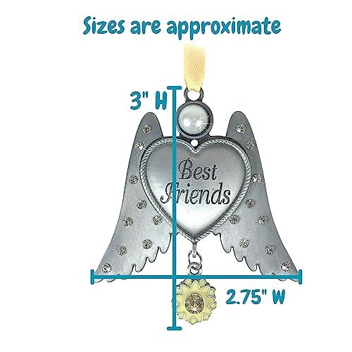 BANBERRY DESIGNS Best Friends Ornament - Pewter Finish Angel Wings with Heart Ornament - Jeweled Wings with a Yellow Sunflower Charm
