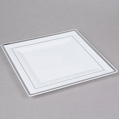 Amscan Elegant Square Plastic Plates with Silver Trim - 7.25\" (Pack of 8) - Premium White Dinnerware - Perfect for Buffets, Parties, and Special Occasions