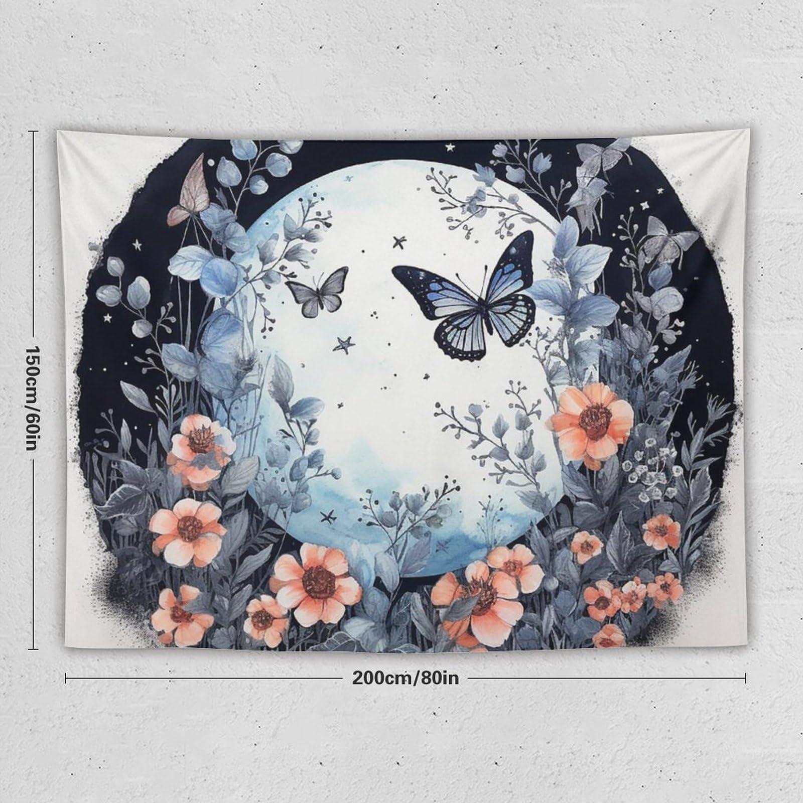 BAHELS BAHELS Blue Butterfly Moon Flower Tapestry Wall Hanging Boho Floral Plant Aesthetic Mandala Tapestry Decor for Living Room Bedroom 60\"x80\"