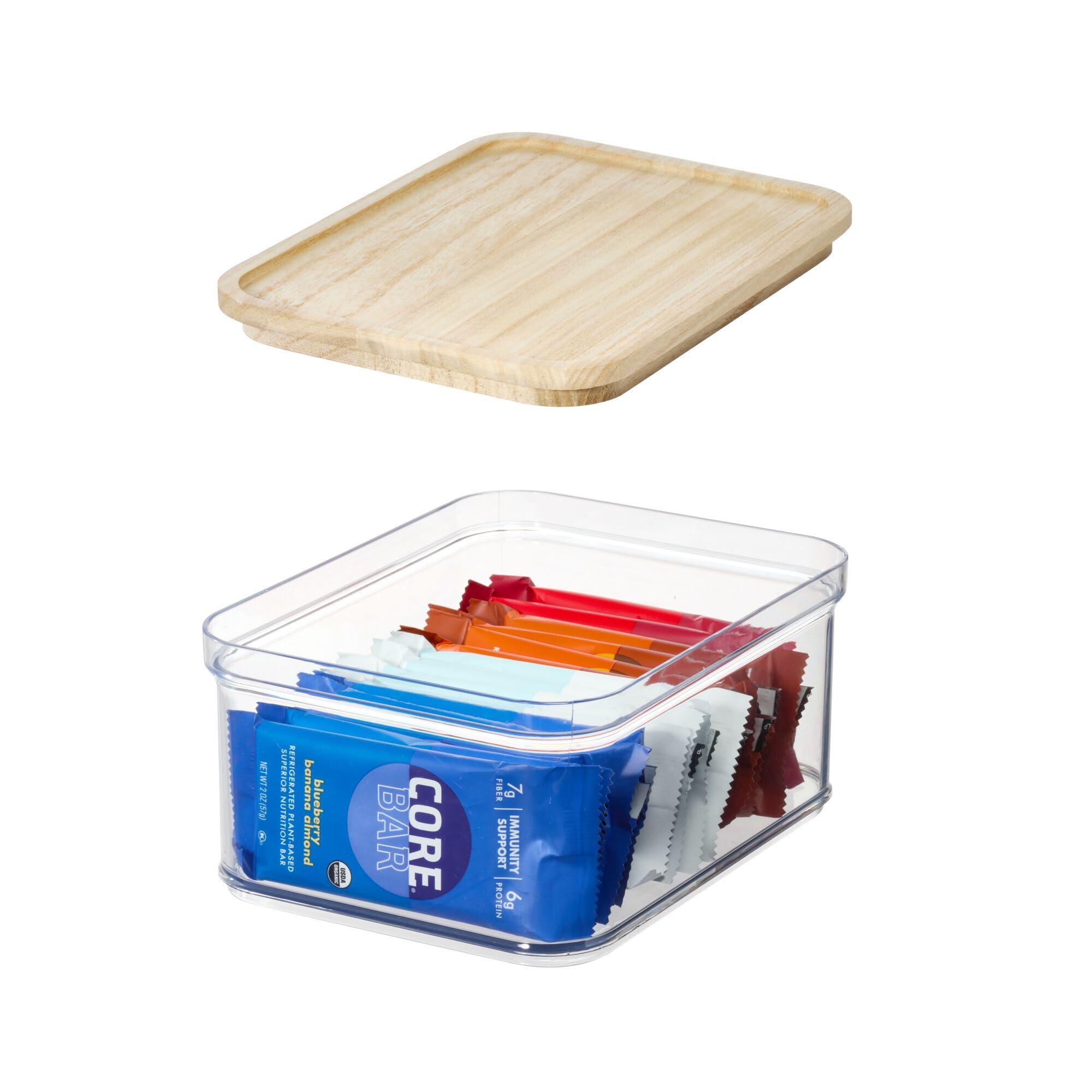 InterDesign iDesign Recycled Plastic Crisp Storage Bin with Lid, The Rosanna Pansino Collection 8.51 L x 8.51 W x 4.13 H, Clear Bin with Natural Wood Lid