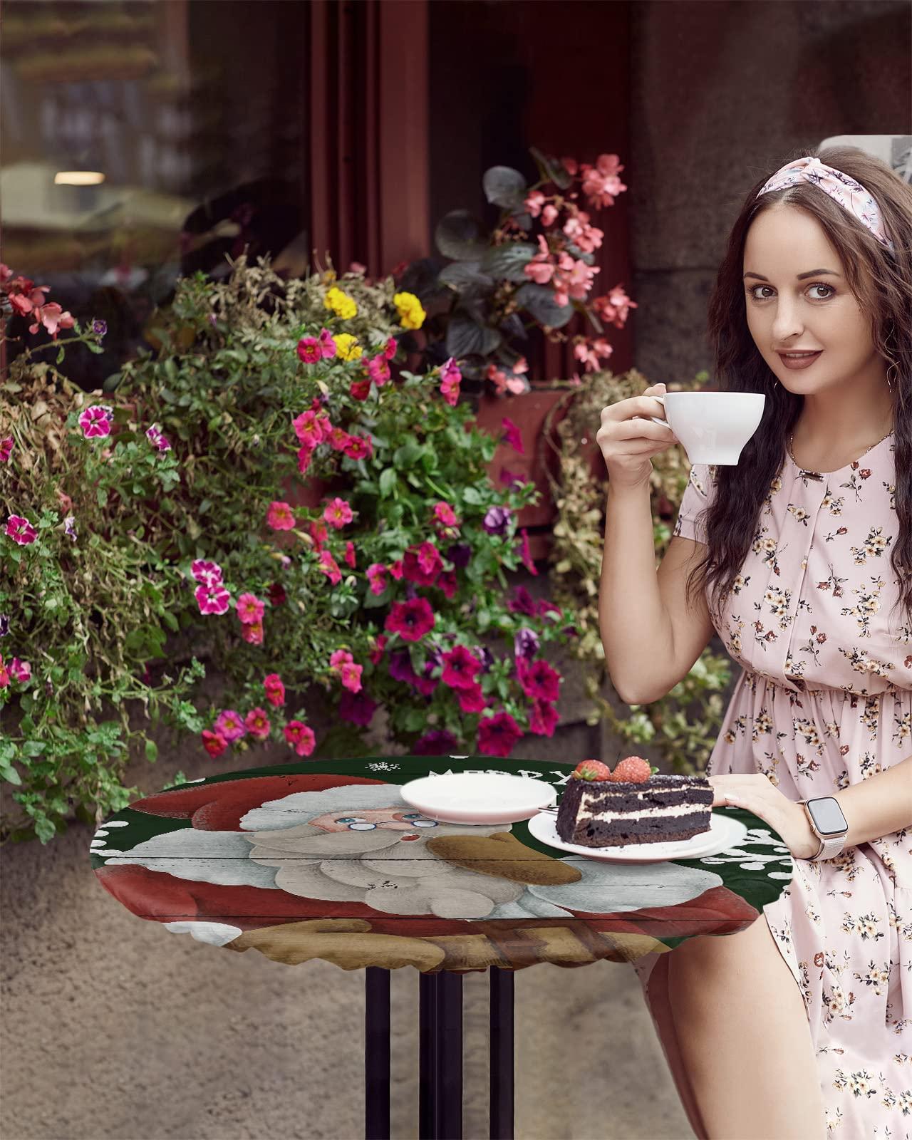 SEVENBABU SEVENBABU Round Table Cover 45-54 Inch, Waterproof Reusable Table Cloth Round Fitted Vinyl Tablecloth with Elastic Edged for Parties Outdoors, Merry Christmas Joy Santa Claus Green Wood Grain