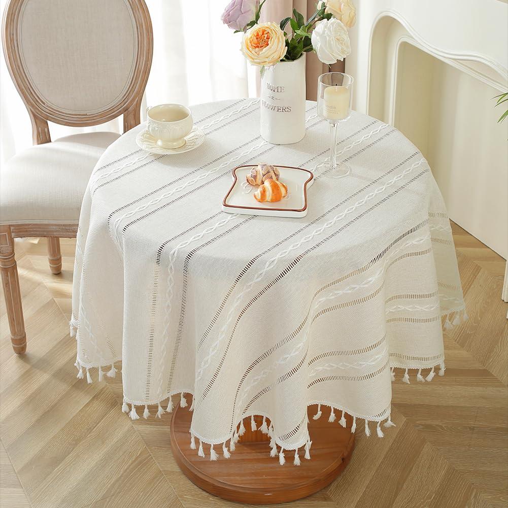 meioro meioro Rustic Table Cloth, White Round 39\" Textured Cotton Linen Fabric Tablecloth with Tassel, Heavy Duty Farmhouse Table Cover Embroidery Stripe Round Tablecloths for Dinning Wedding Party
