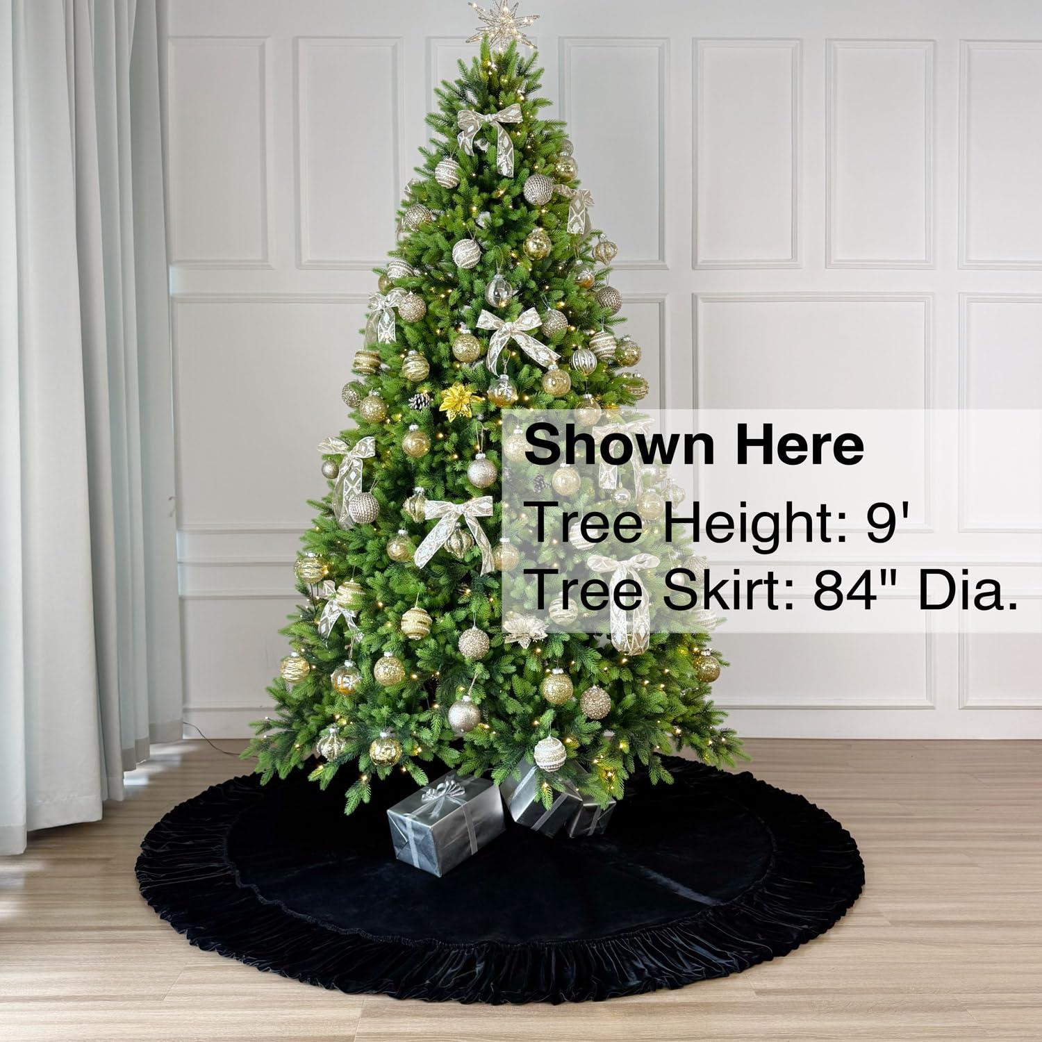 Starry Dynamo 84-Inch Ruffled Velvet Christmas Tree Skirt, Thick Foam-Lined Heavy Duty Fabric with Plush Lace Ties, Black