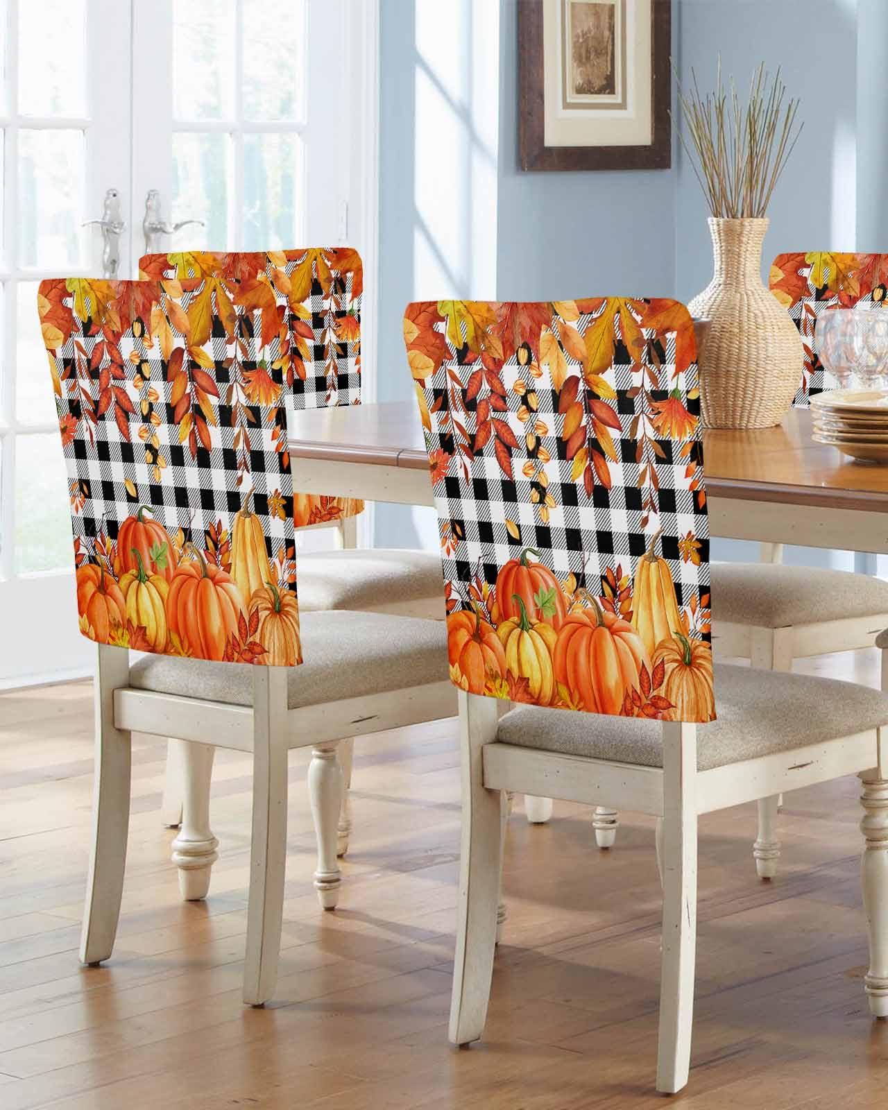 LOVE HOME DAY Fall Thanksgiving Chair Back Covers Set of 8,Orange Pumpkin Maple Leaf Harvest Farm Chair Slipcovers,Black and White Removable Dining Chair Protector for Kitchen Hotel Restaurant Banquet Decor