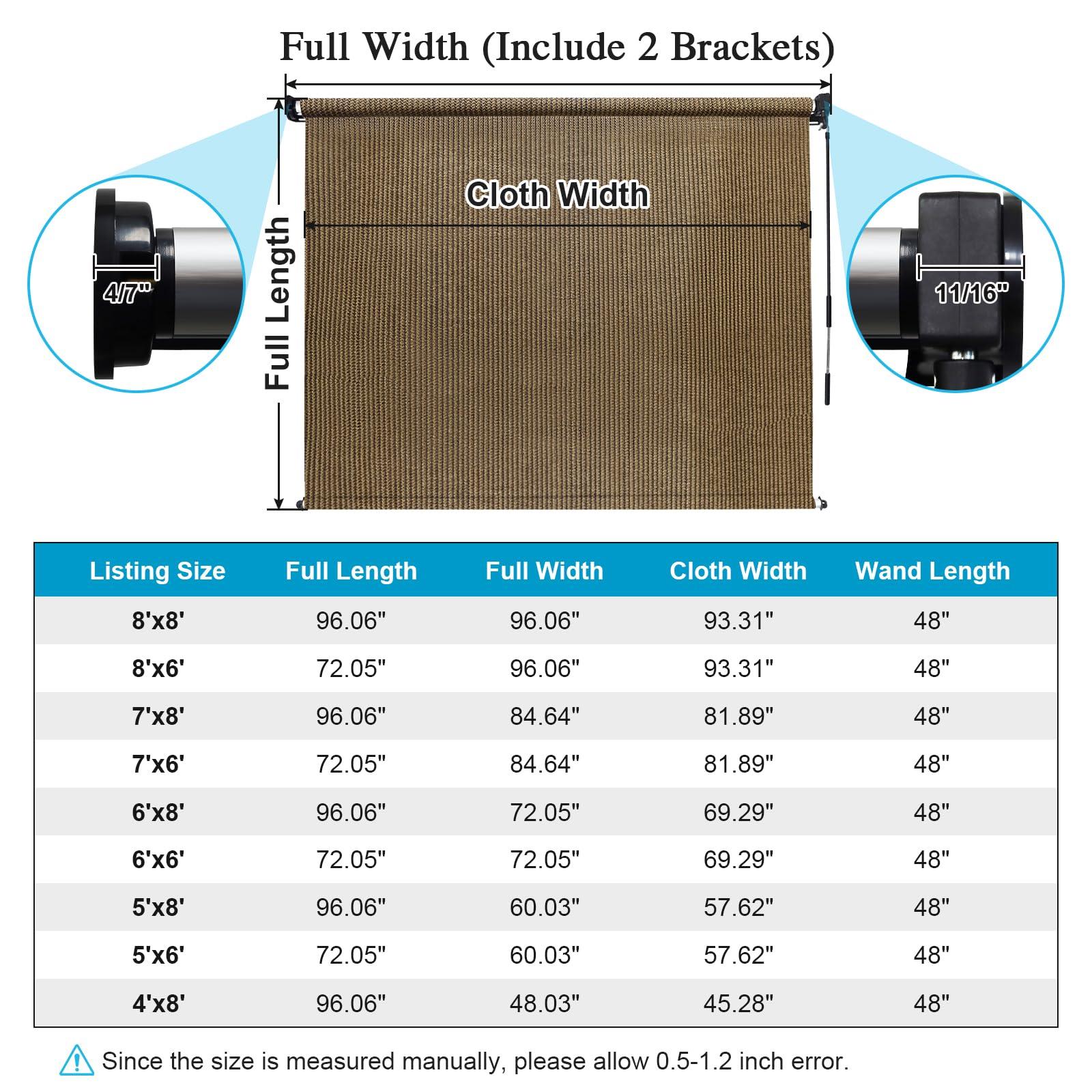 Amagenix Amagenix Outdoor Roller Shades 7'(W) X 8'(H), Exterior Cordless Patio Shades Roll Up Outdoor Blinds with 90% UV Protection, Two-Section Poles with One-Piece Fabric, Coffee Brown