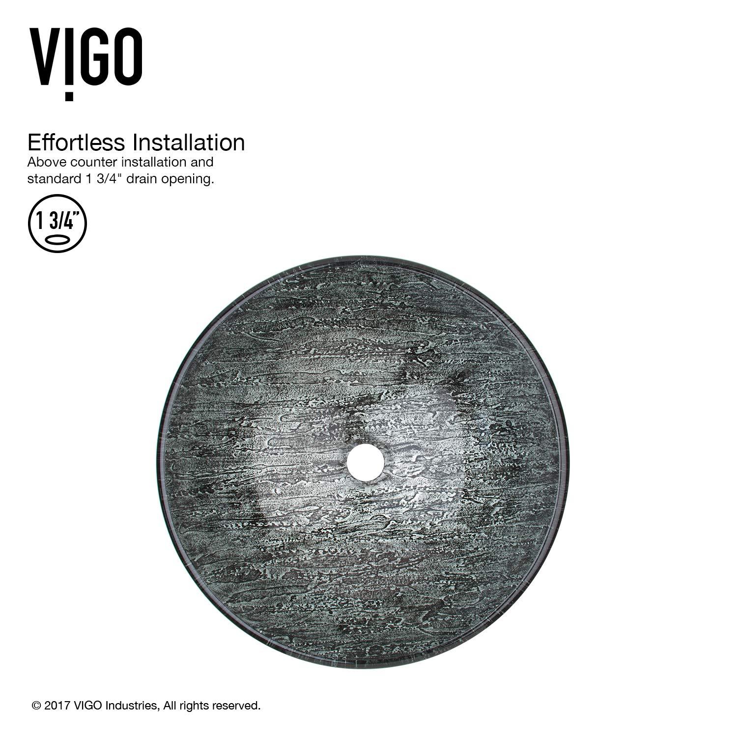 VIGO VIGO 17\" L -17\" W -12\" H Titanium Glass Round Vessel Sink Set in Slate Gray with Faucet and Drain -VGT559