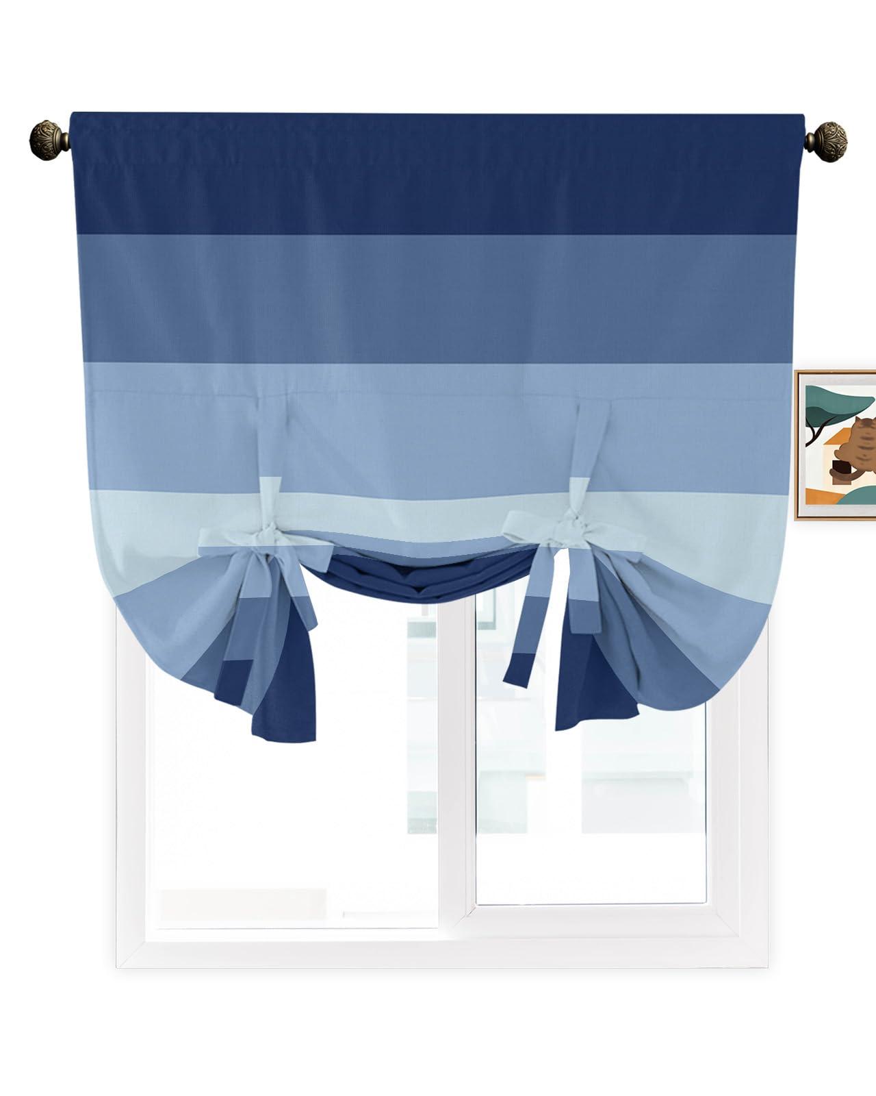 Singingin Singingin Tie Up Curtains Tie Up Window Shade, Navy Blue Gradient Stripes Adjustable Balloon Curtains Blackout Tie Up Curtains for Windows Rod Pocket Panel, 46" W x 63" L