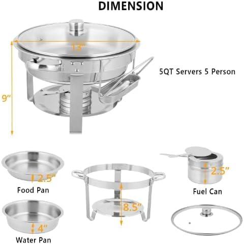 ROVSUN ROVSUN 5Qt 6 Pack Chafing Dish Buffet Set, NSF Stainless Steel Round Chafers for Catering, Buffet Servers and Warmers Set with Glass Lid & Lid Holder for Wedding Party Banquet Event