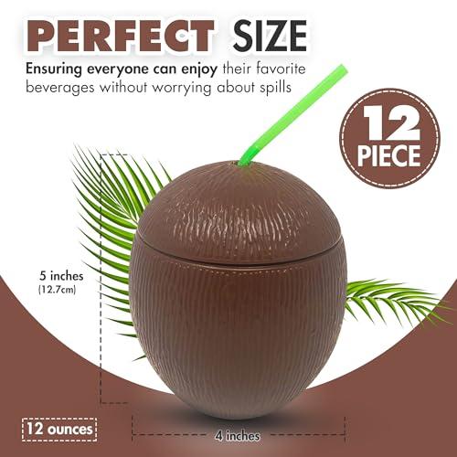 Podzly Podzly - 12 Piece Tropical Luau Theme Coconut Cups - 12 Oz Hawaiian Plastic Mugs with Straw and Removable Lid - Set for Drinking Cups or Party Favors - Perfect for Beach, Pool, and Tiki Parties