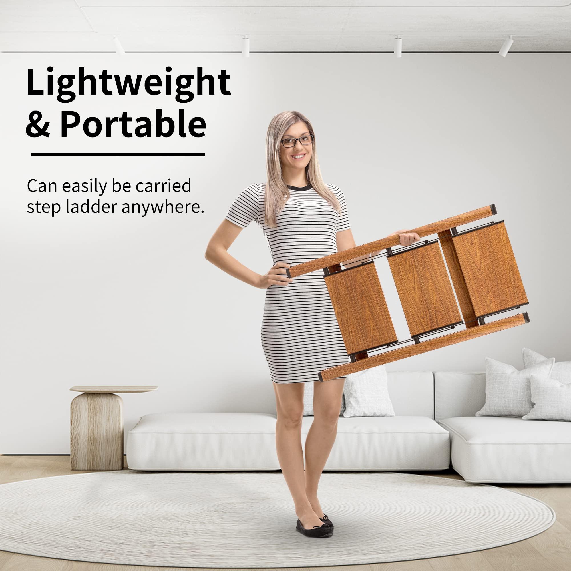 Soladder SOLADDER 3 Step Ladder, Folding Step Stool with Anti-Slip Wide Sturdy Pedal and Handgrip, Multi-Use for Home and Kitchen Use, Space Saving-Woodgrain(300 lbs Capacity)