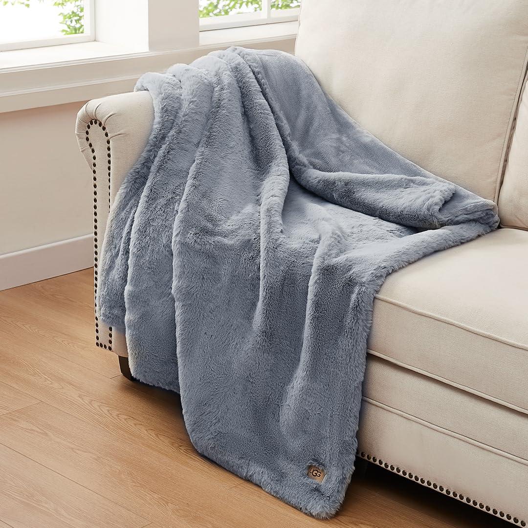 UGG UGG 11069 Euphoria Plush Faux Fur Reversible Throw Cozy Fuzzy Fluffy Blanket for Couch Bed Hotel Style Luxury Machine Washable Home Decor Luxurious Soft Throws for Sofa, 70 x 50-Inch, Chambray
