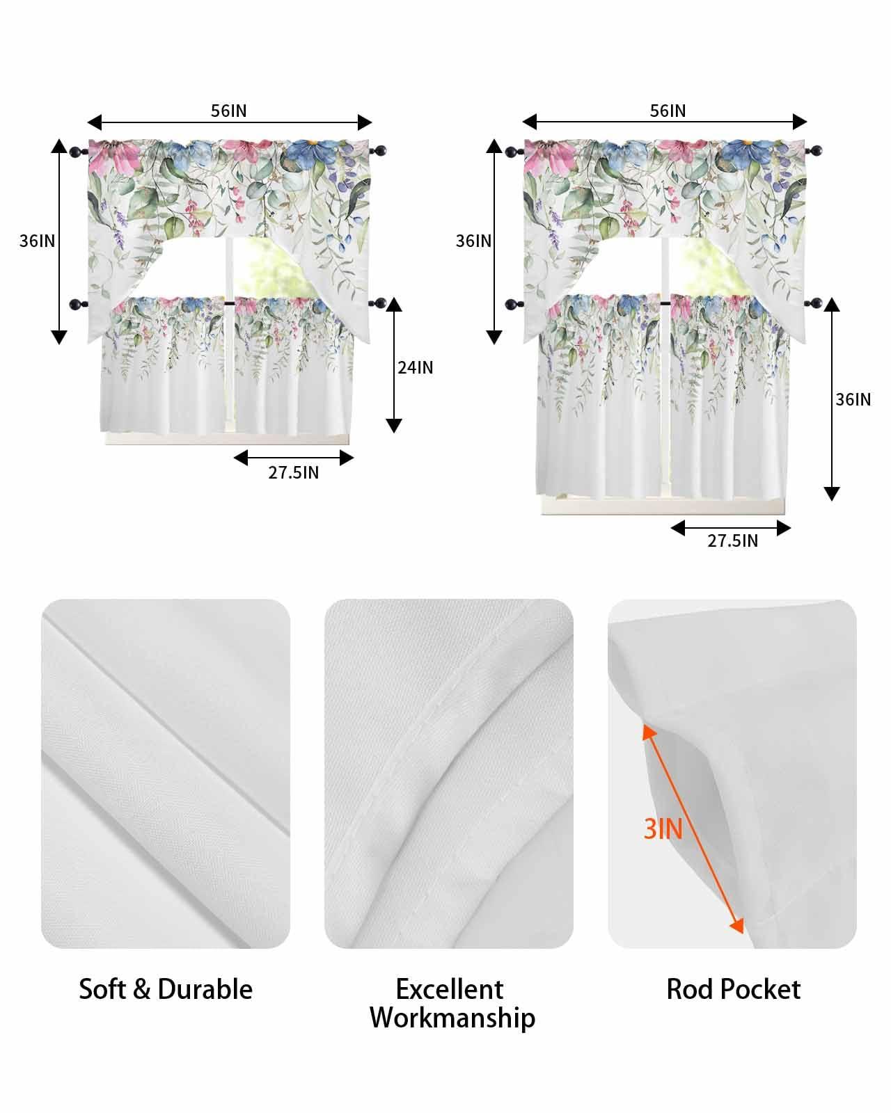 AMZRicher Eucalyptus Kitchen Curtains Swag Valance and Tier Curtains Set 36 Inch Length, Rod Pocket Drape Panels Pair Swag Curtains for Bathroom/Cafe/Window Spring Botanical Leaves Floral Simple White