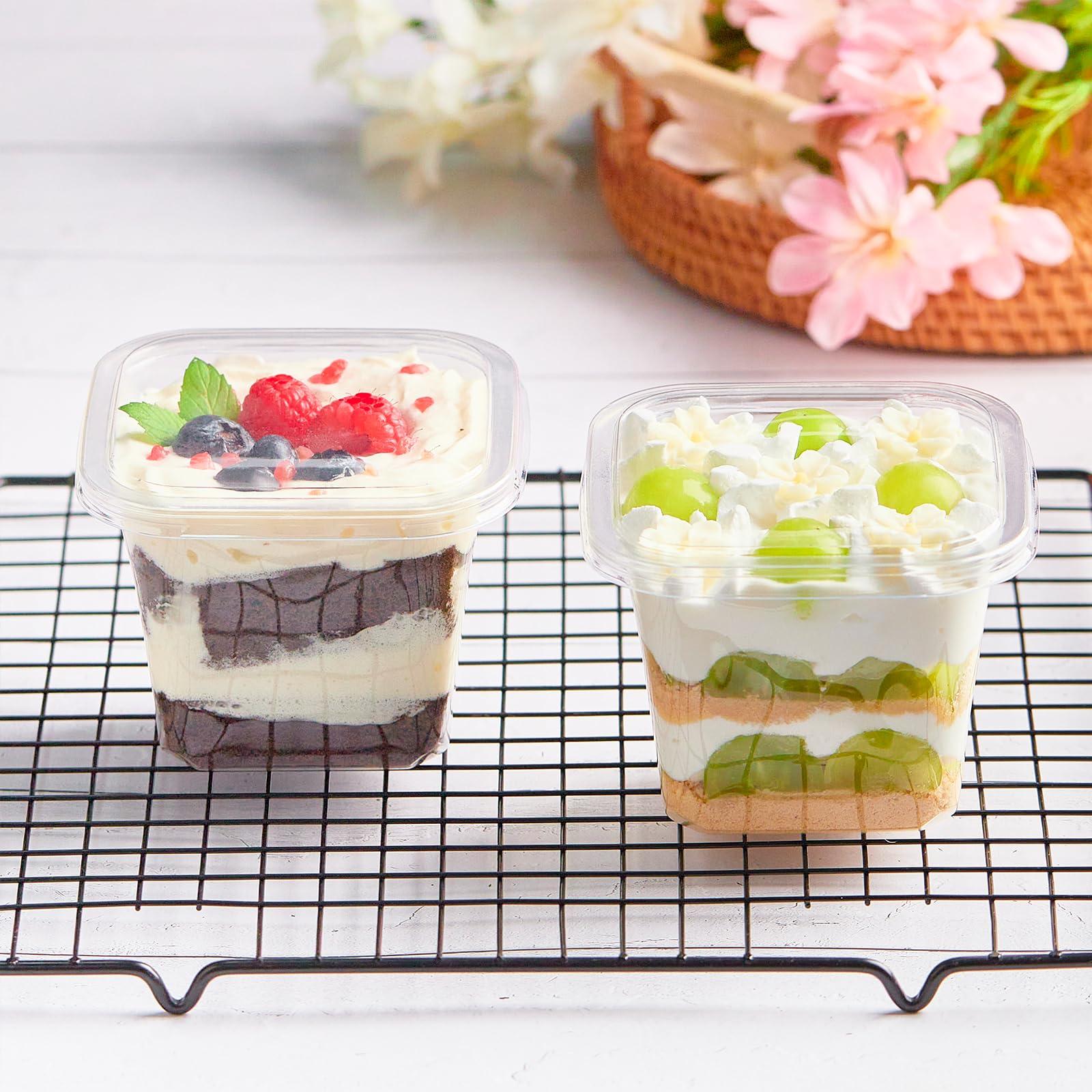 Kucoele Kucoele 50 Pack 12 oz Plastic Dessert Cups with Lids and Sporks, Clear Square Cake Cups Dessert Containers for Pudding Parfait Fruit Yogurt and Shortcake