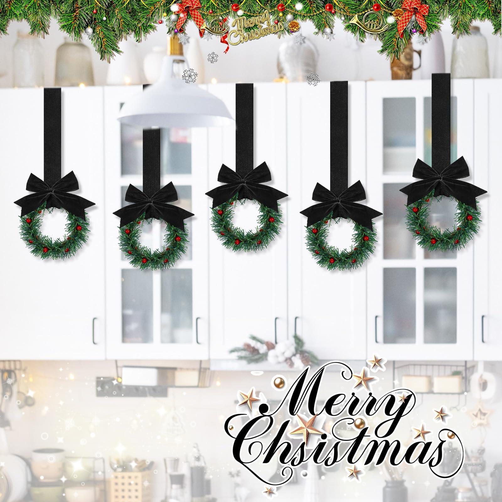 Retrowavy Retrowavy 12 Pcs Christmas Kitchen Cabinet Wreaths with Ribbon Mini Christmas Wreath Small Kitchen Wreath Greenery Wreath for Window Door(Black,Classic Style)
