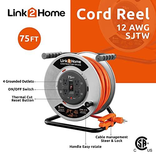 Link2Home Link2Home Contractor Grade Retractable Extension Cord Reel 75 Ft. With 4 Outlets & Heavy Duty/High Visibility 3-Prong SJTW Cord