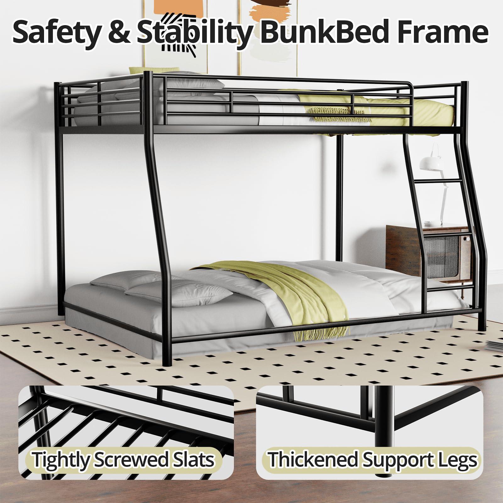 TURRIDU TURRIDU Full XL Over Queen Bunk Bed, Heavy Duty Metal Bunk Bed Frame with Full-Length Guardrails & Ladders, Bedroom Bunk Bed for Teens, Adults, Noise Free, Black
