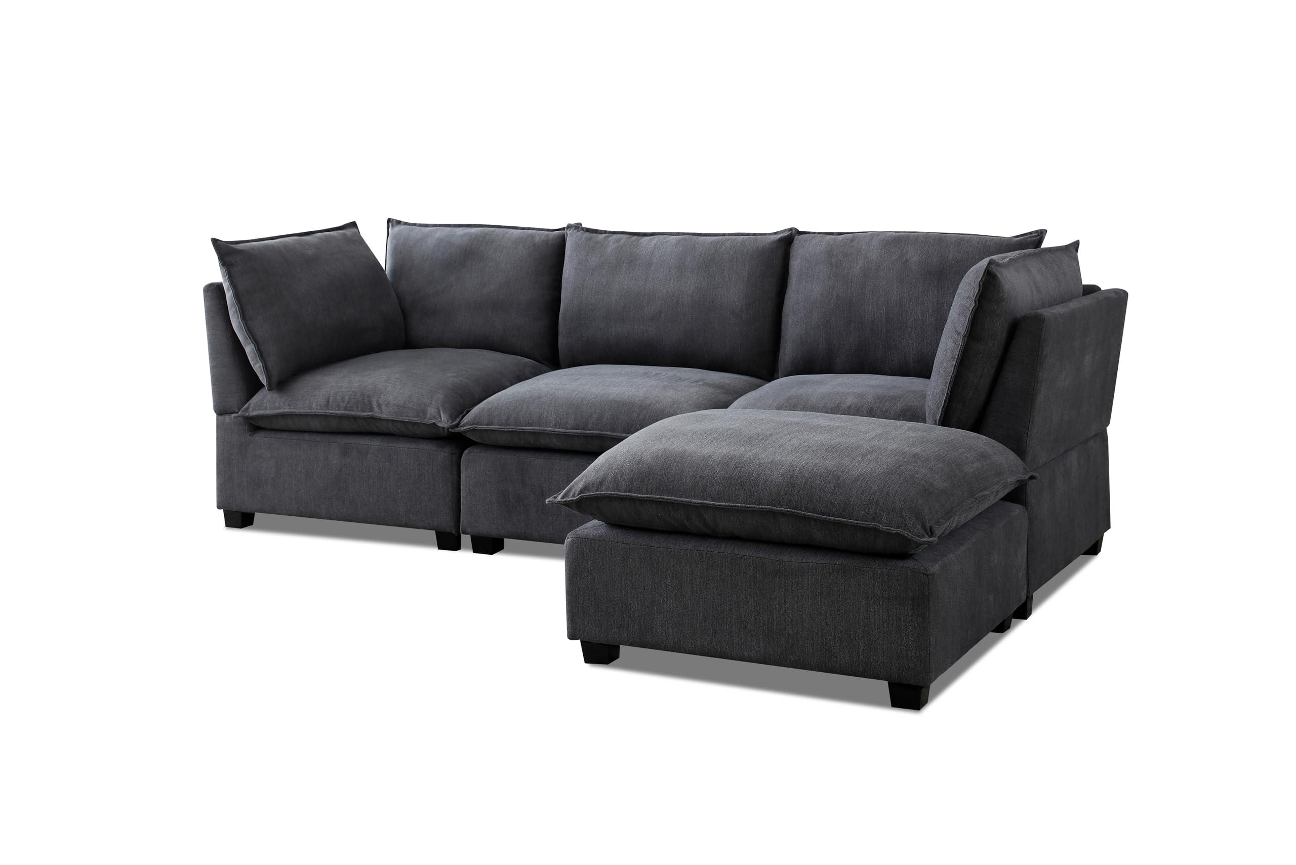 LyuHome 99.3" Modular Sectional Sofa Couch for Living Room, Modern 5-Seat Linen Fabric Sofa Couch Set with Convertible Ottoman,L-Shape Sofa Freely Combinable Sofa for Home Apartment Office, 2 Pillows, Grey