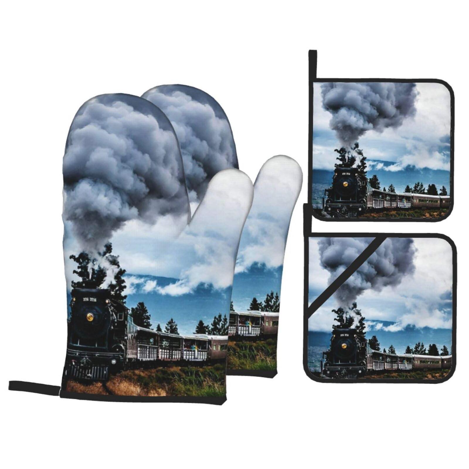 Ncpkcb Ncpkcb Cool Steam Train Oven Mitts and Pot Holders 4pcs Set Durable Kitchen Hot Pads with Oven Gloves for Baking Cooking Grilling, Fashion
