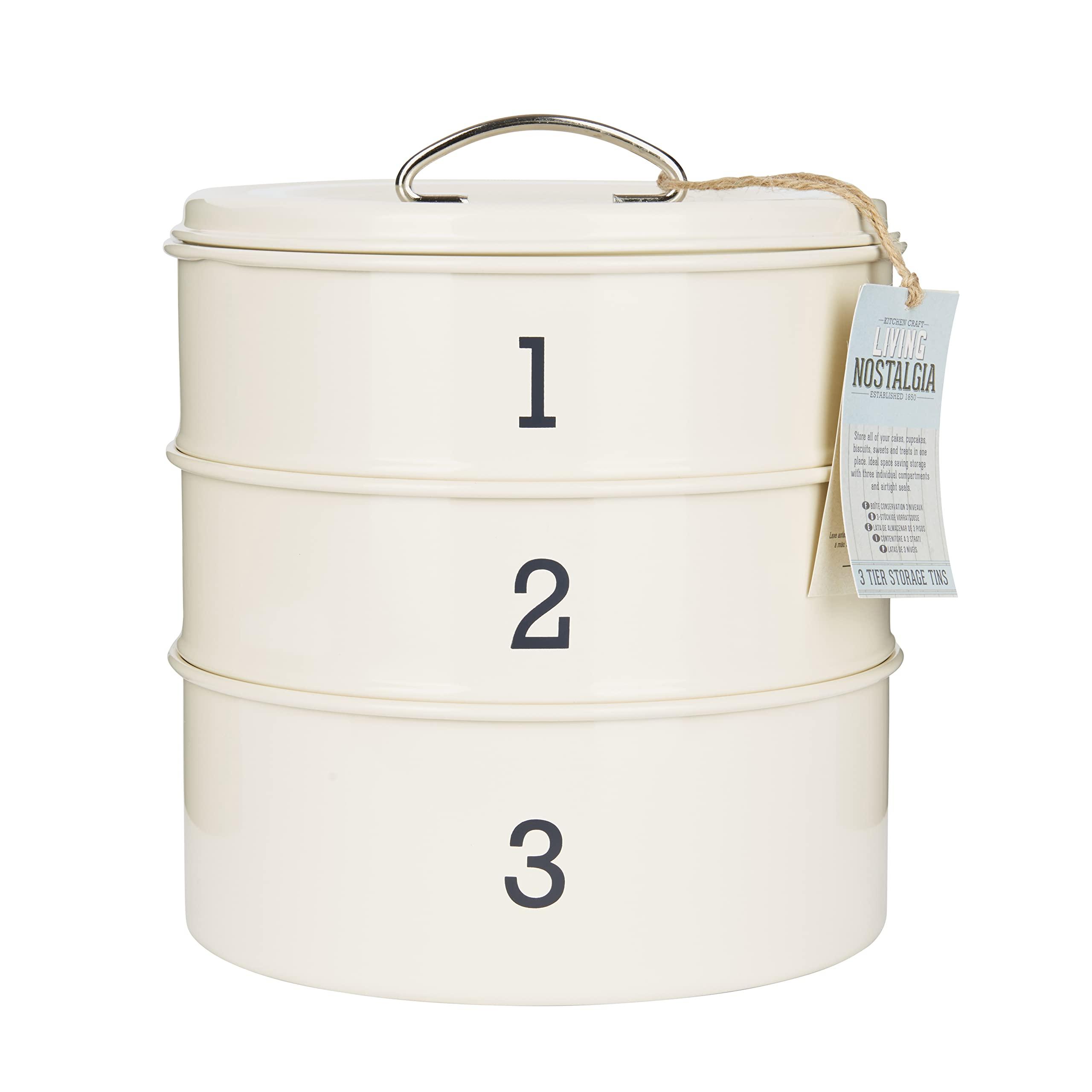 KitchenCraft Kitchen Craft Living Nostalgia 3-Tier Metal Cake Storage Tin, 22 x 27 cm (8.5 x 10.5 Inches) - Antique Cream