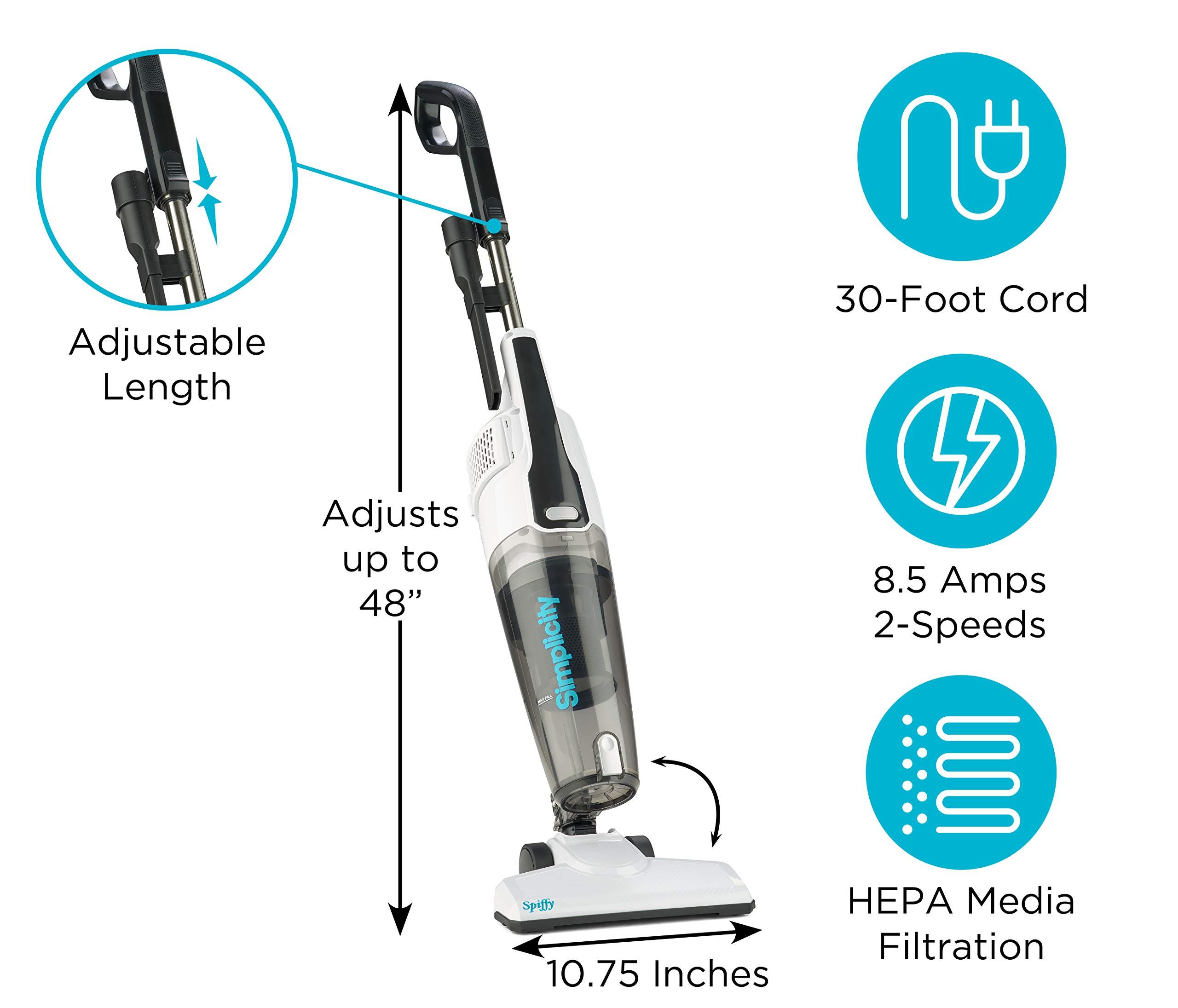Simplicity Vacuums Simplicity Vacuums Corded Stick Vacuum Cleaner for Home, Bagless Vacuum with Two Speeds for Powerful Suction, Certified HEPA Vacuum, Ideal Vacuum for Hardwood and Tile Floors, S60 Spiffy