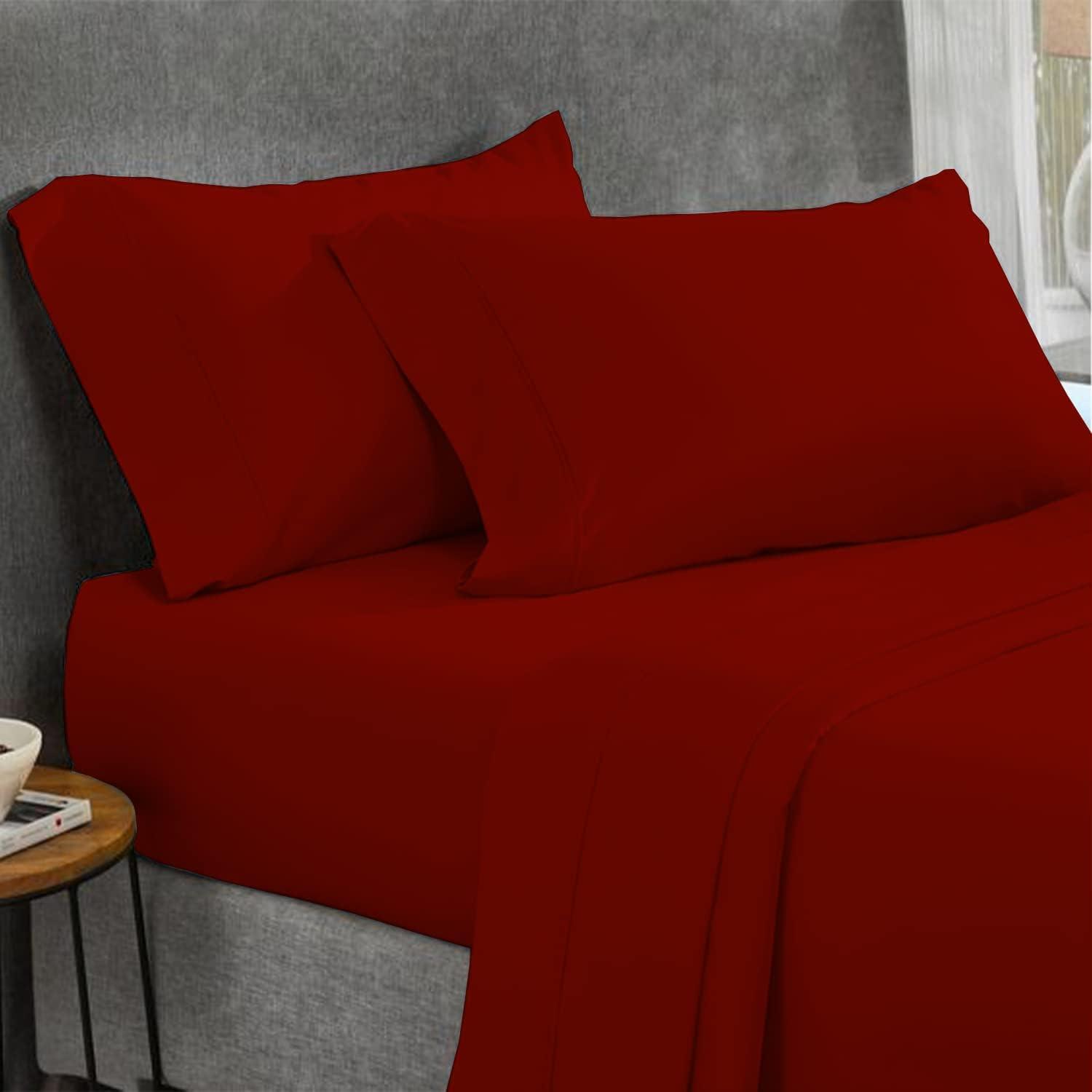 HIGH LANE BEDDING Burgundy Natural Cotton Twin Sheets Deep Pocket, 800 Thread Count Burgundy 4 Piece, Sheet Set, Solid Sateen Weave, 24\" Deep Pocket (Fits Upto 18\" to 24\" Mattress), Bedding Sheets & Pillowcases