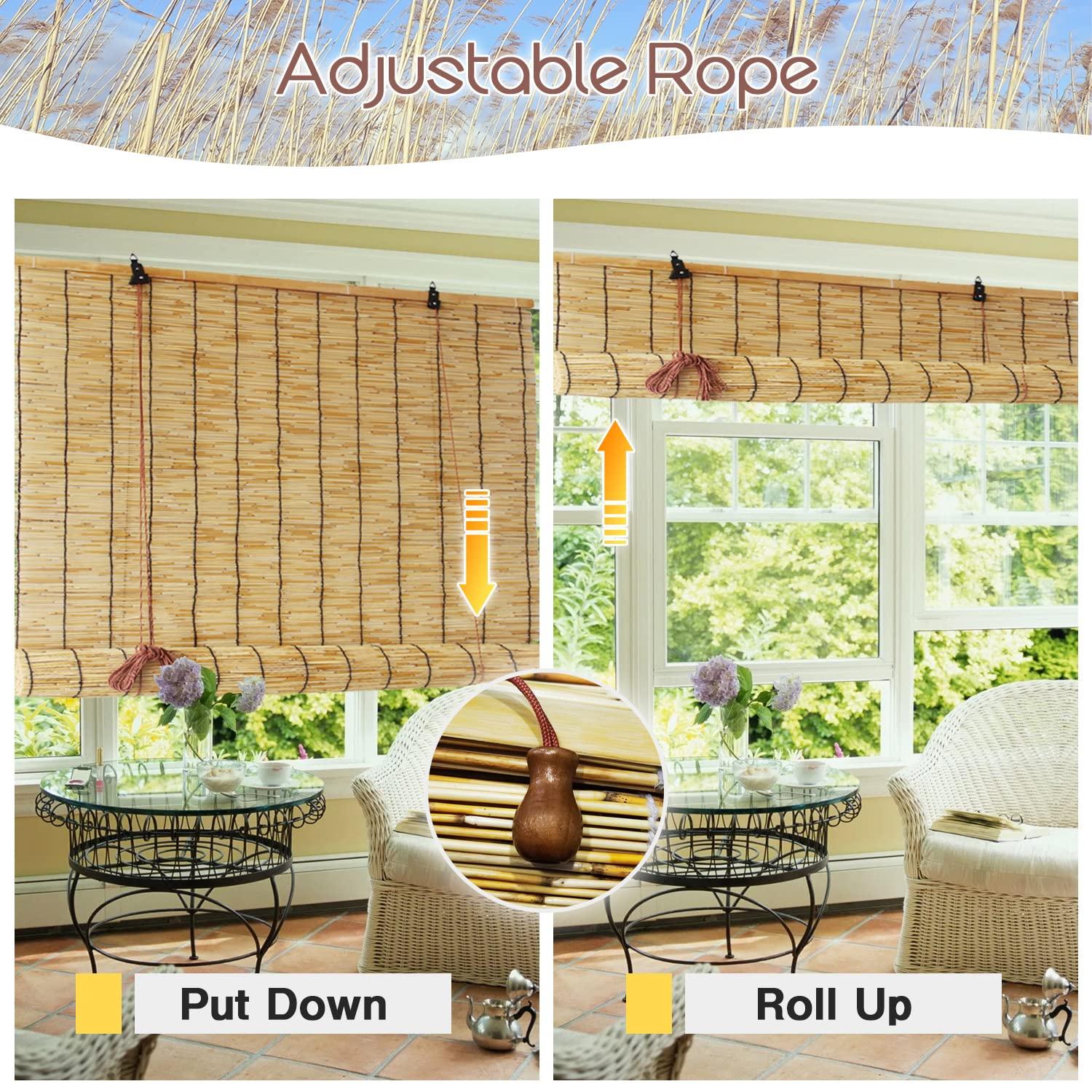 Lsjoaw Lsjoaw Roll Up Reed Shade 72x72in (WxH)/183x183CM Outdoor Bamboo Shades Blinds Patio Blinds Roman Roller Blinds Curtain with Lifter Porch Window Privacy Natural White Line