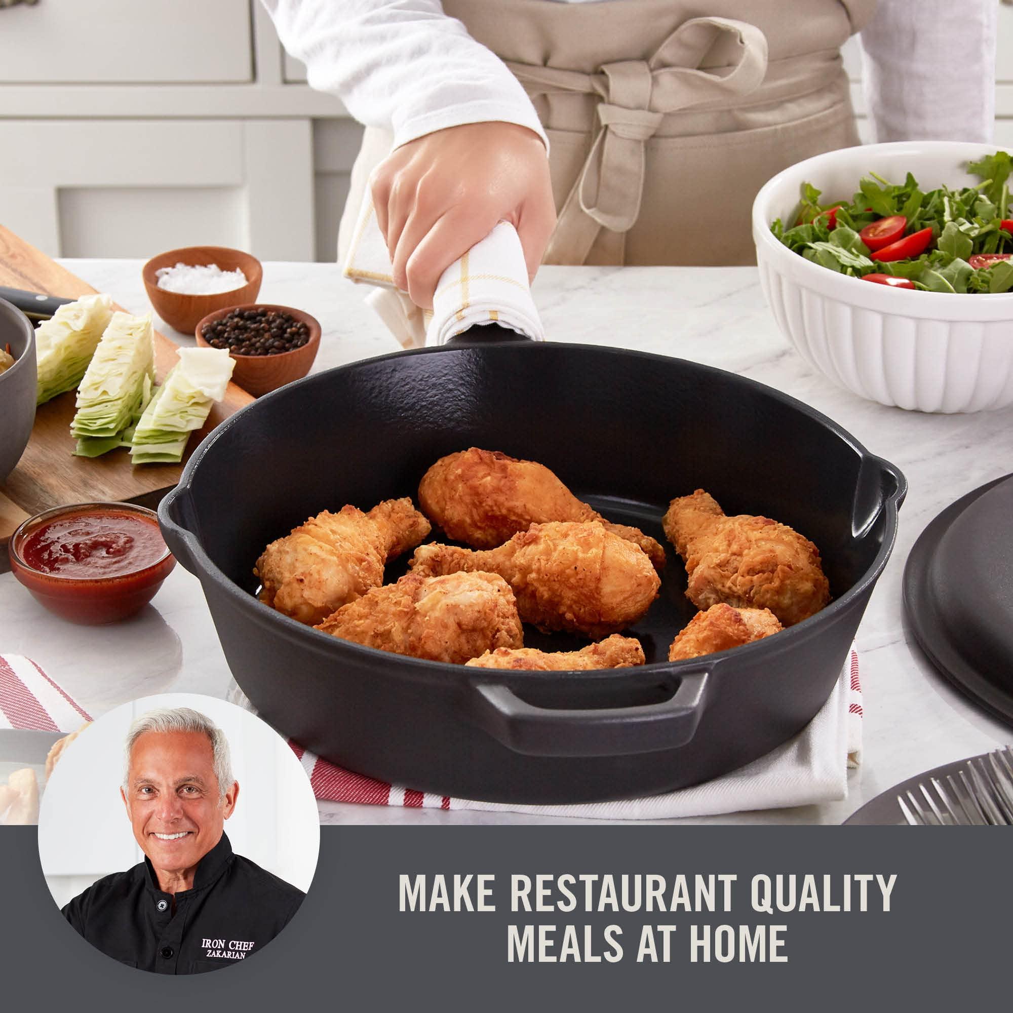 DASH Zakarian by Dash 4.5QT Nonstick Cast Iron Deep Skillet with Cast Iron Lid for Family-Sized Meals, Frying, Roasting, Baking, One-Pot Meals and More - Black