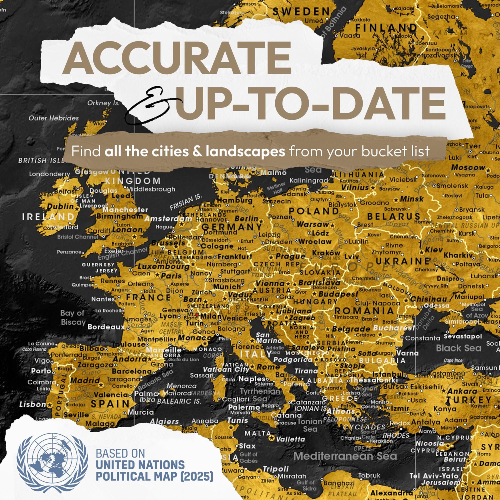 Pin Adventure map Push Pin World map with pins to mark travels - World Map pinboard - Gift for traveler & interior decor (40 x 30, Midnight Gold)