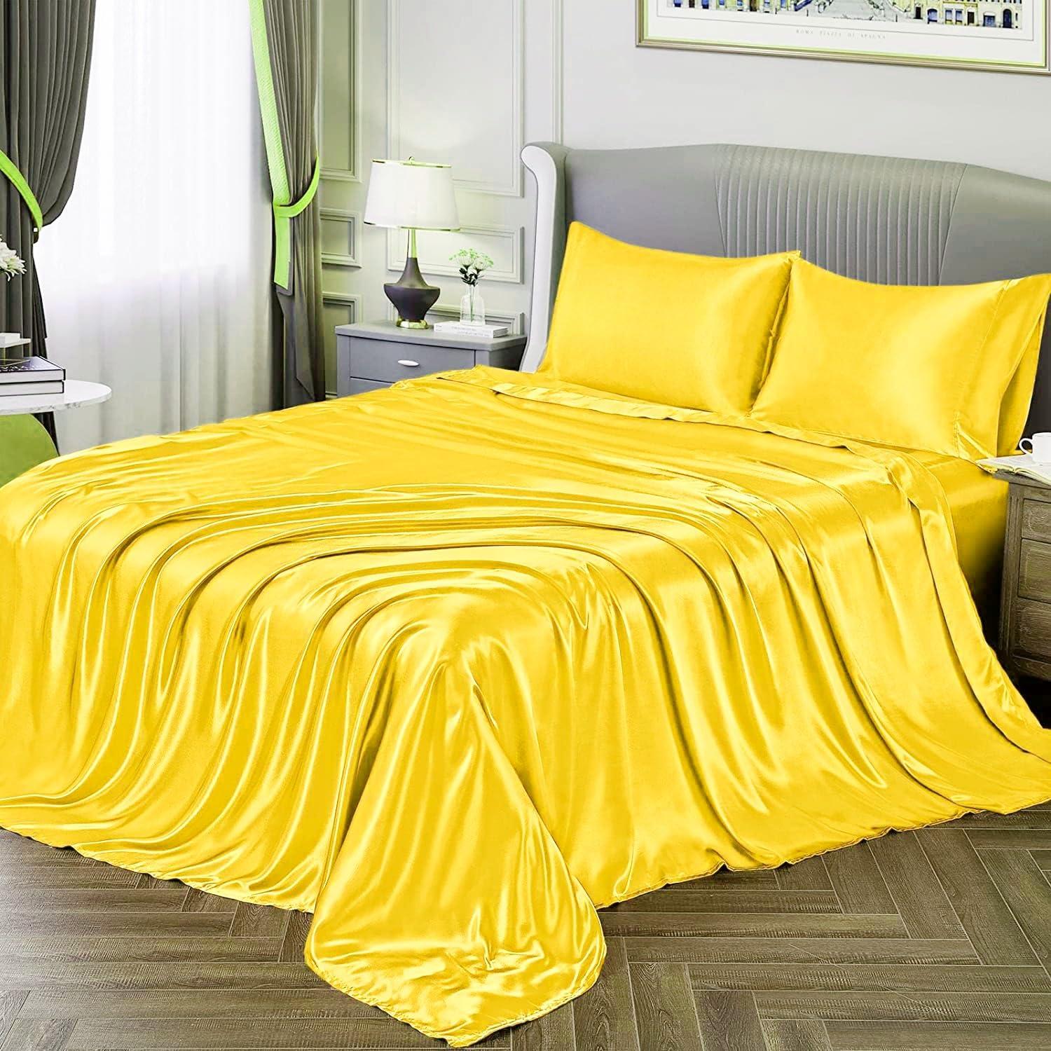 Selection Bedding California King Size Sheet Set - 6 Piece - Hotel Luxury Satin Silk Bed Sheets - 15 Inches Deep Pocket - Breathable & Cooling - Yellow - Flat Sheet, Fitted Sheet & 4 Pillowcases