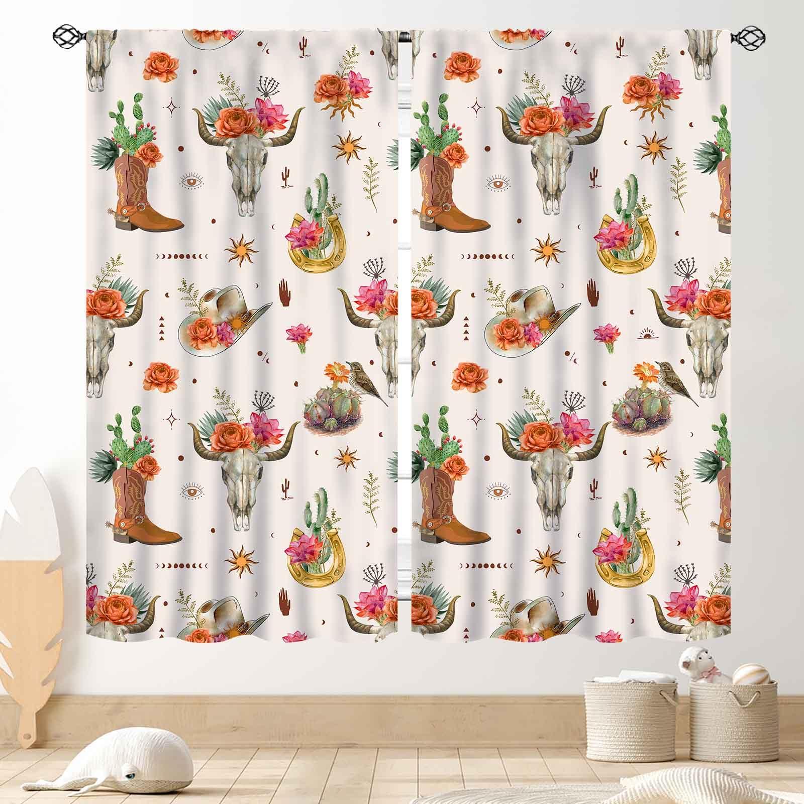 TKUYO TKUYO Western Curtains for Bedroom, Southwest Rustic Floral Bull Skull Cactus Cowboy Aesthetic Cow Print Farmhouse Country Boho Window Drapery for Living Room Kitchen Home 2 Panels Set, 84"x84" Inch