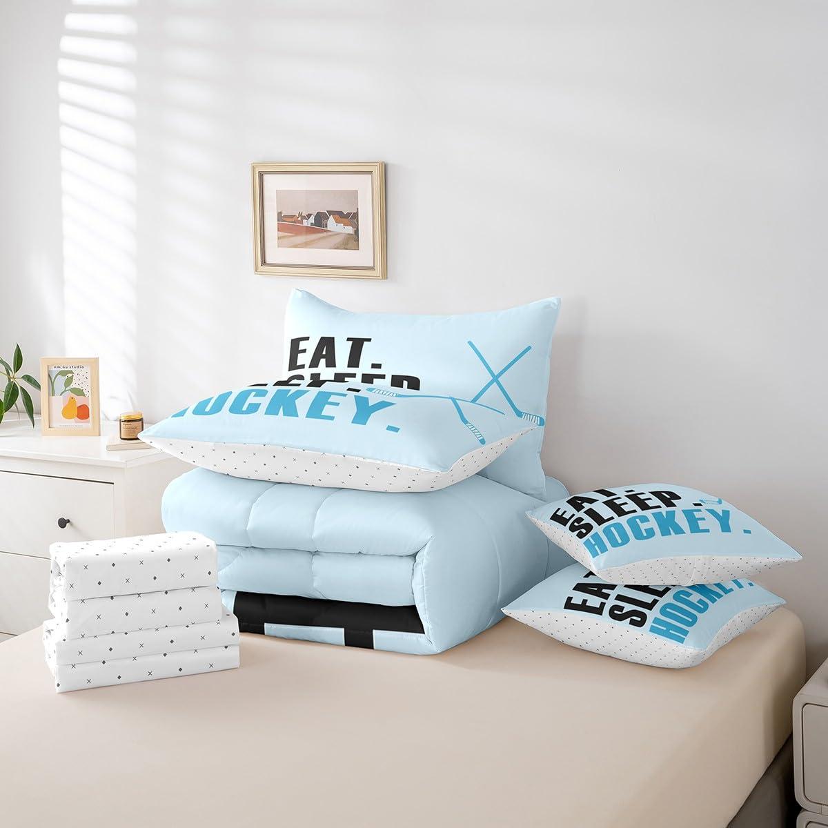 Feelyou Feelyou Ice Hockey Comforter Set with Sheets Queen Size Light Blue Ice Sports Games 7 Pieces Bedding Set for Kids Boys Girls Teens Hockey Player Bed in a Bag Puck Hockey Bed Set