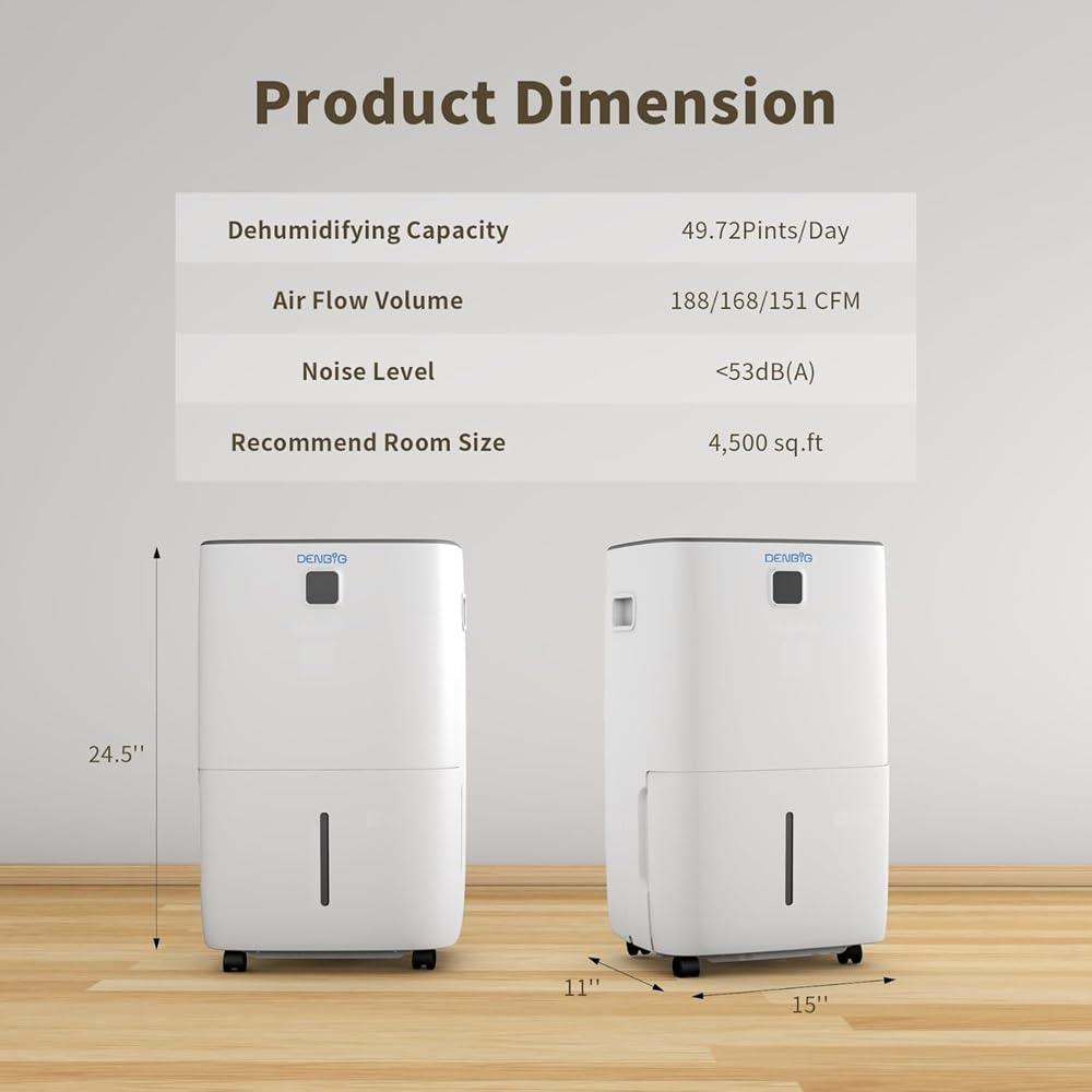 DENBIG 50 Pints Dehumidifier with Pump for Spaces up to 4,500 Sq. Ft at Home, with Washable, Reusable Air Filter, 2 Gal Water Tank, Drain Hose, for Bedroom, Large & Medium Rooms, Basement