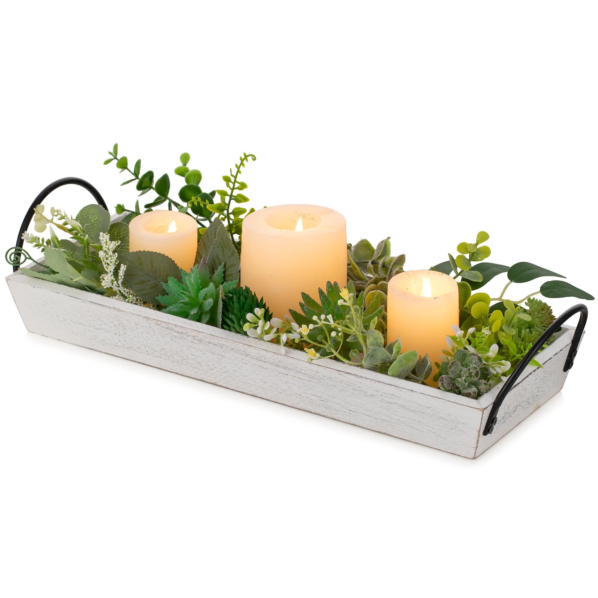 Hanobe Long Narrow Wood Candle Tray: Hanobe Rustic Wooden Candle Holders Rectangular Table Centerpieces for Dining Room Farmhouse Pillar Stand with Handle Rectangle Table Decor, Whitewashed