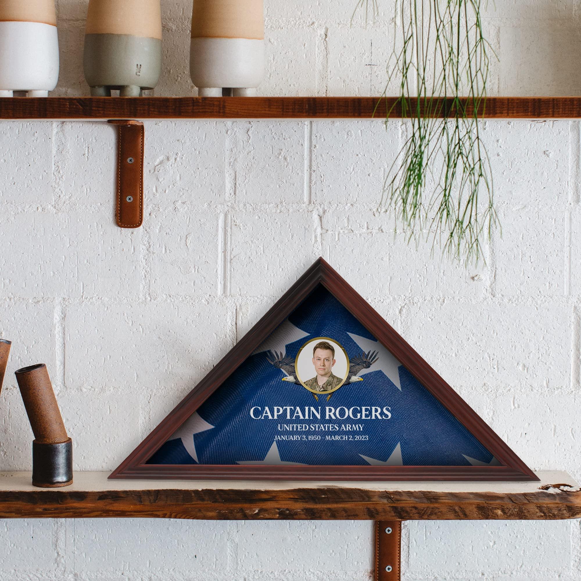 Basic Fundamentals Solid Wood Personalized Flag Box for American Veteran Flag, 9.5 X 5 Feet Full Color, UV Printed Display Case for Burial Flag, Flag Box Display Case with Glass Front for Folded Flag, Cherry (Design 5)