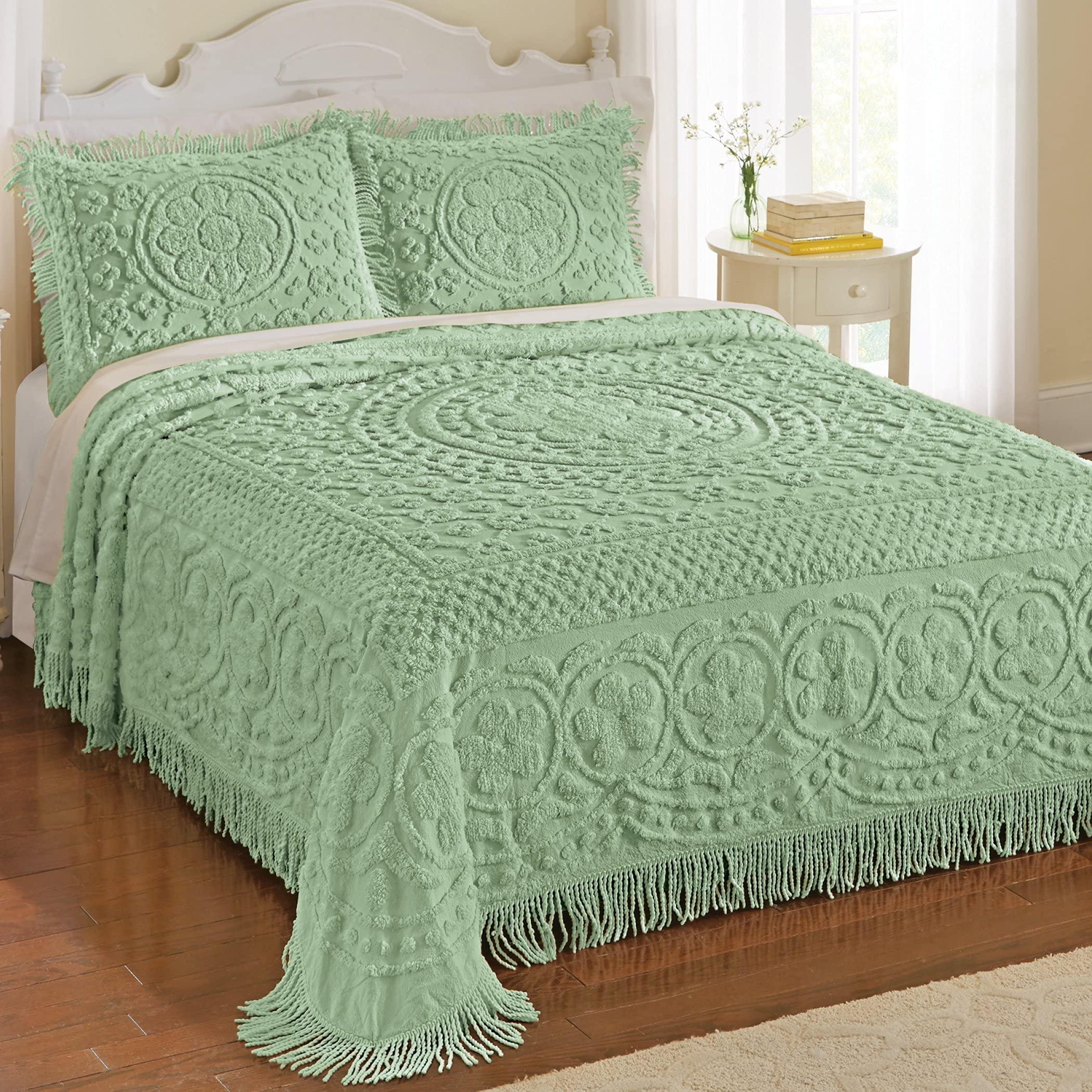 Collections Etc Collections Etc Calista Chenille Lightweight Bedspread with Fringe Border, Sage, Queen