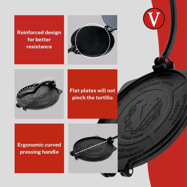 Victoria Victoria 8-Inch Commercial-Grade Cast-Iron Tortilla Press, Made from Super-Durable HD Iron, Made in Colombia