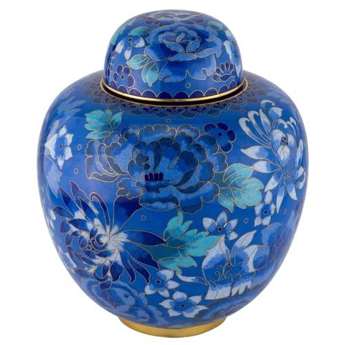 Silverlight Urns Azure Blue Cloisonne Cremation Urn for Ashes, Metal, Blue Enameled Urn, Adult Sized Cremation Urn, 9.5 Inches High