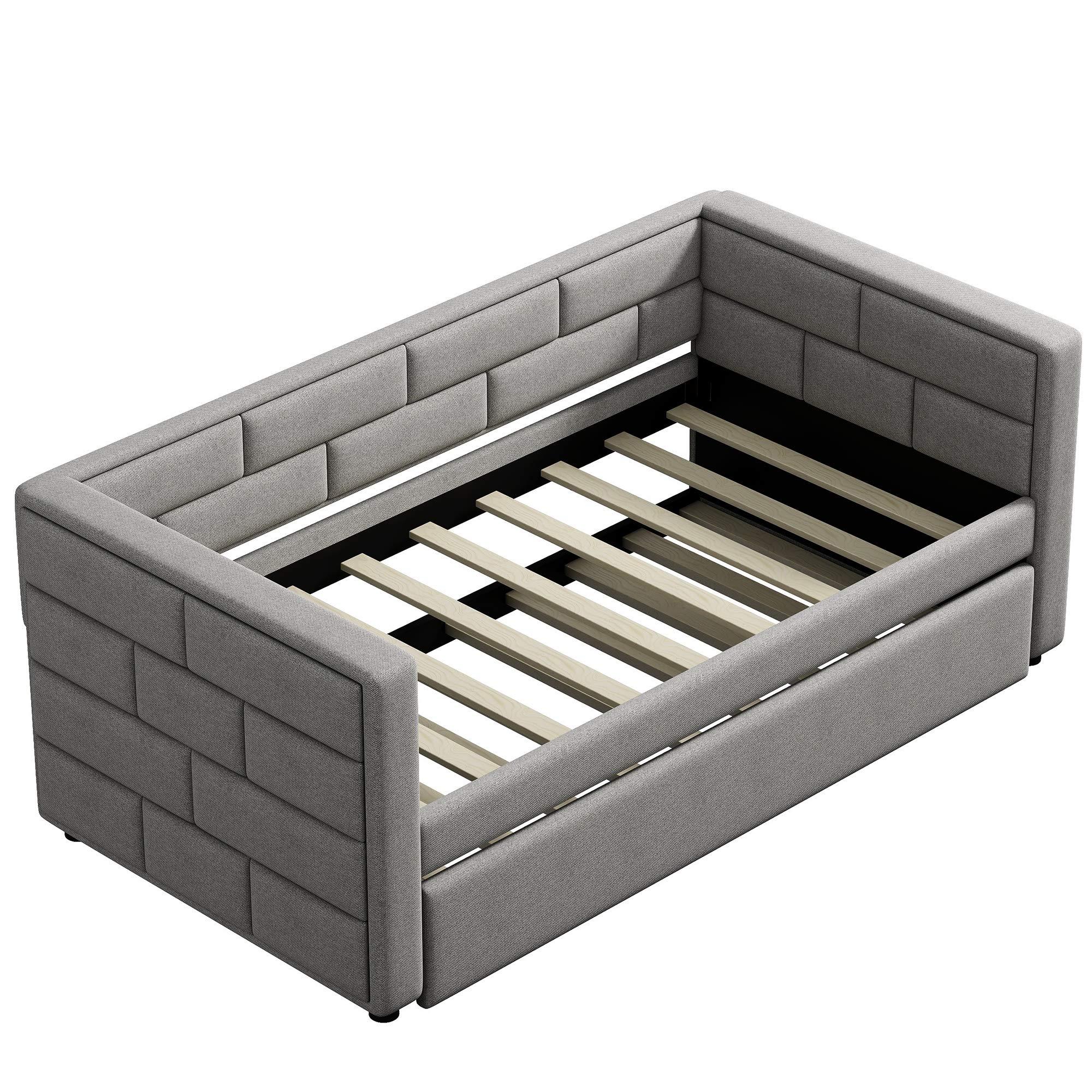 Flieks Flieks Upholstered Daybed with Trundle, Twin Size Upholstered Daybed Sofa Bed with Padded Back and Wood Slat Support, Grey