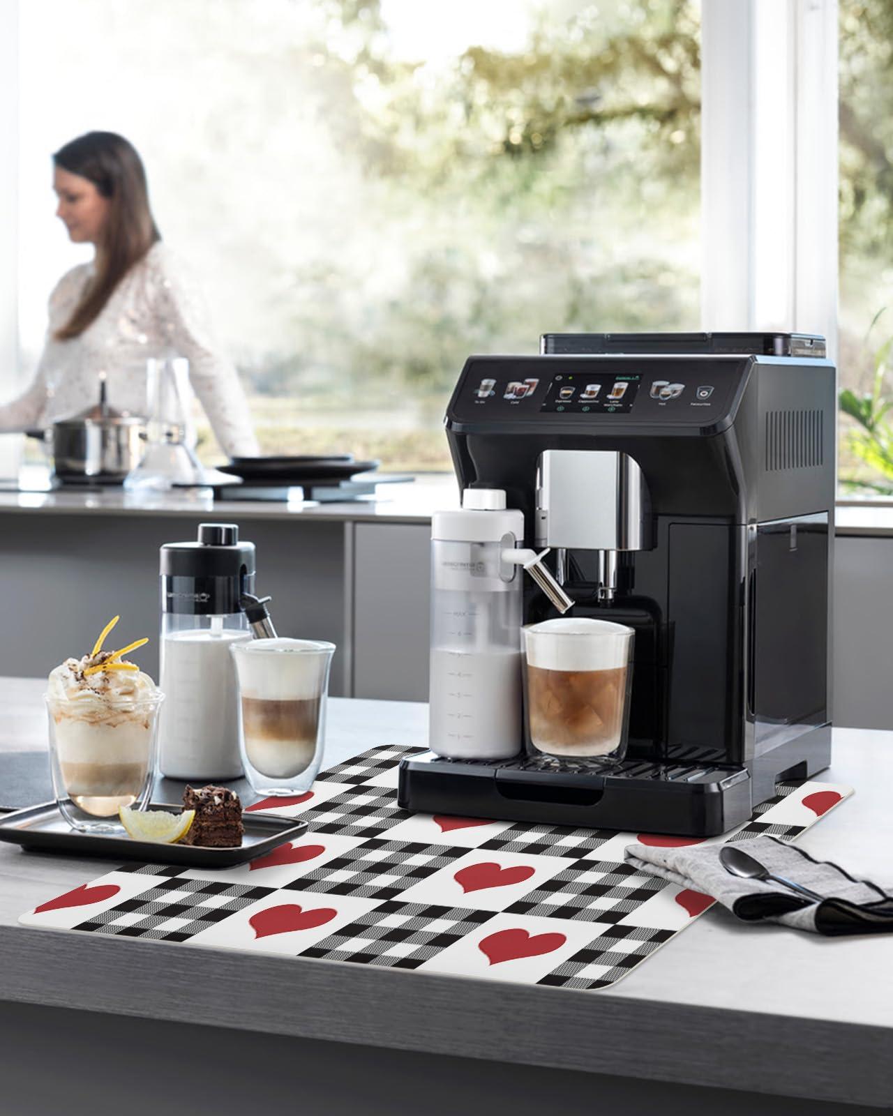 LaBLUUX Coffee Mat for Counter,Valentine\'s Day Red Heart Buffalo Plaid Black White Absorbent Hide Stain Coffee Bar Mat,Non-slip Coffee Bar Accessories Kitchen Drying Mat Fit Under Coffee Maker