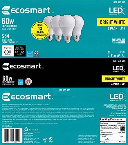 EcoSmart EcoSmart 60W Equivalent Bright White A19 Energy Star + Dimmable LED Light Bulb (4-Pack)